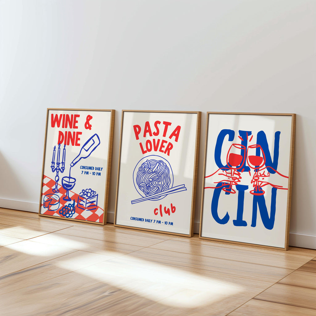 Kitchen Wall Art Print Set, Food Digital Prints, Gallery Wall Set of 6, Retro Blue & Red Kitchen Prints, Italian Food Lover, Trendy Wall Art