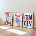 Kitchen Wall Art Print Set, Food Digital Prints, Gallery Wall Set of 6, Retro Blue & Red Kitchen Prints, Italian Food Lover, Trendy Wall Art