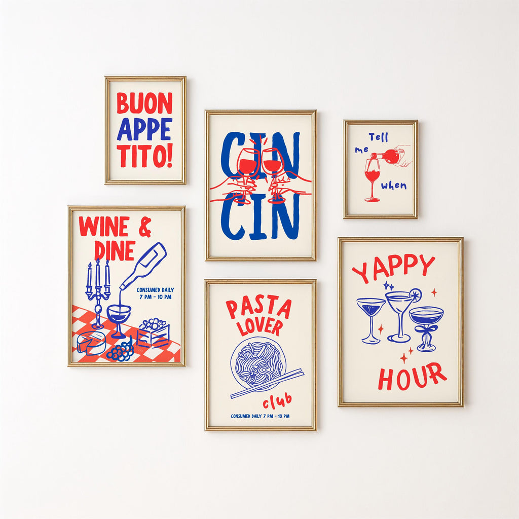 Kitchen Wall Art Print Set, Food Digital Prints, Gallery Wall Set of 6, Retro Blue & Red Kitchen Prints, Italian Food Lover, Trendy Wall Art