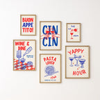 Kitchen Wall Art Print Set, Food Digital Prints, Gallery Wall Set of 6, Retro Blue & Red Kitchen Prints, Italian Food Lover, Trendy Wall Art