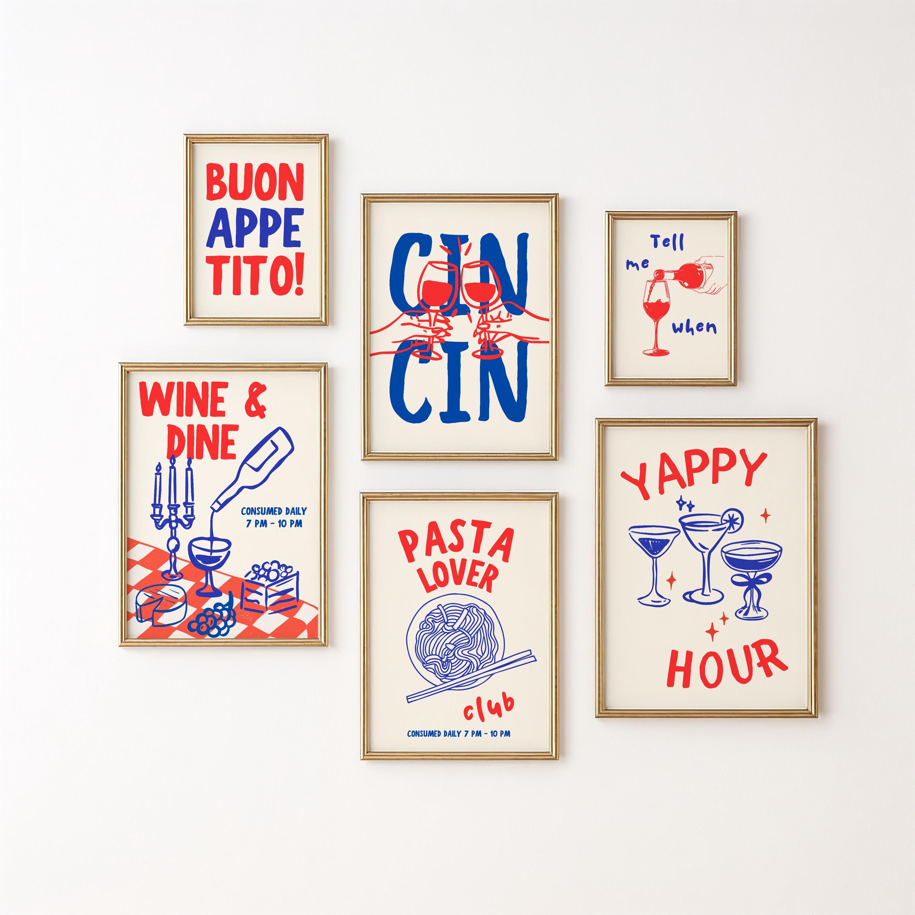 Kitchen Wall Art Print Set, Food Digital Prints, Gallery Wall Set of 6, Retro Blue & Red Kitchen Prints, Italian Food Lover, Trendy Wall Art