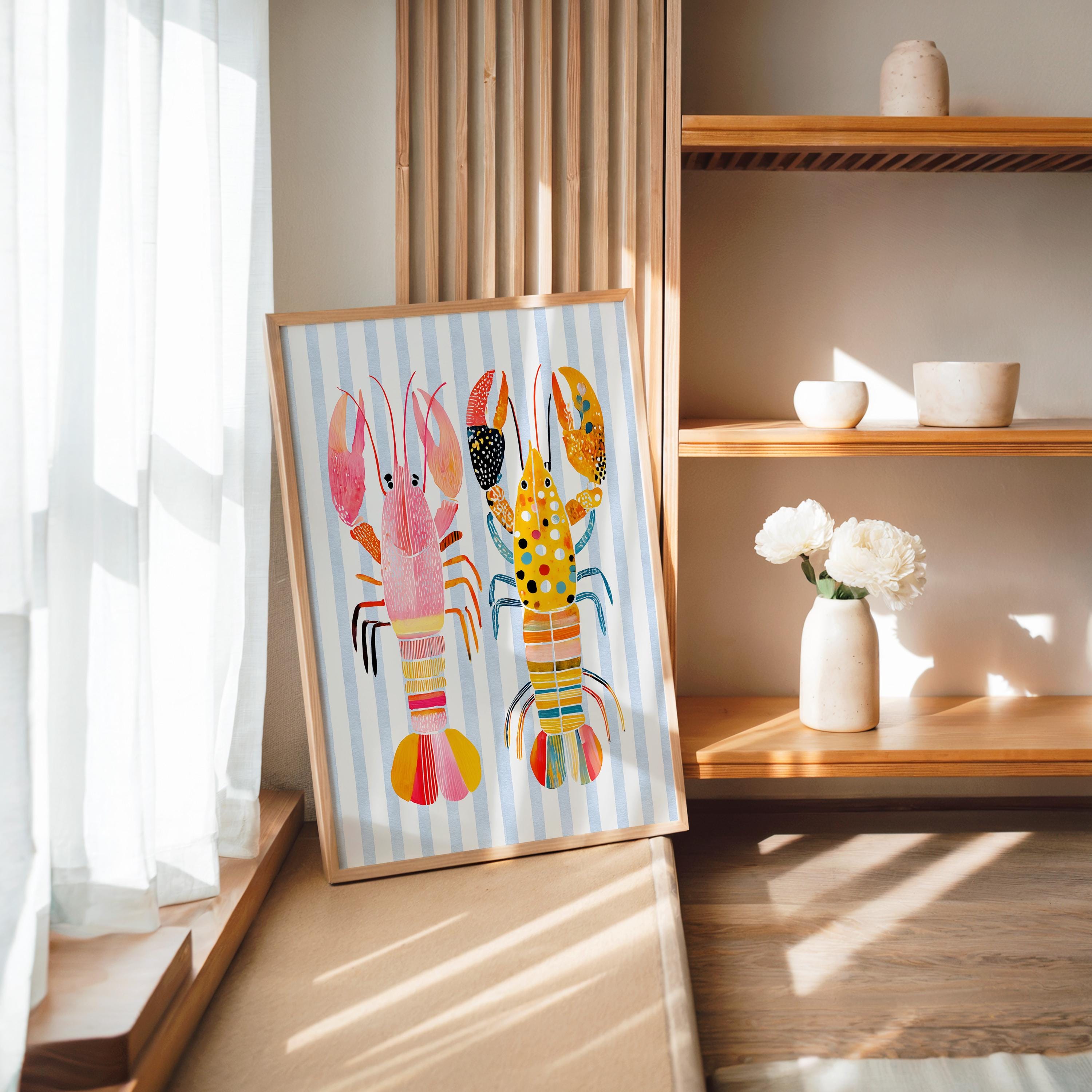 Colorful Lobster Wall Art Print, Coastal Striped Seafood Poster, Nautical Beach House Decor, Summer Ocean Printable Art, Trendy Print