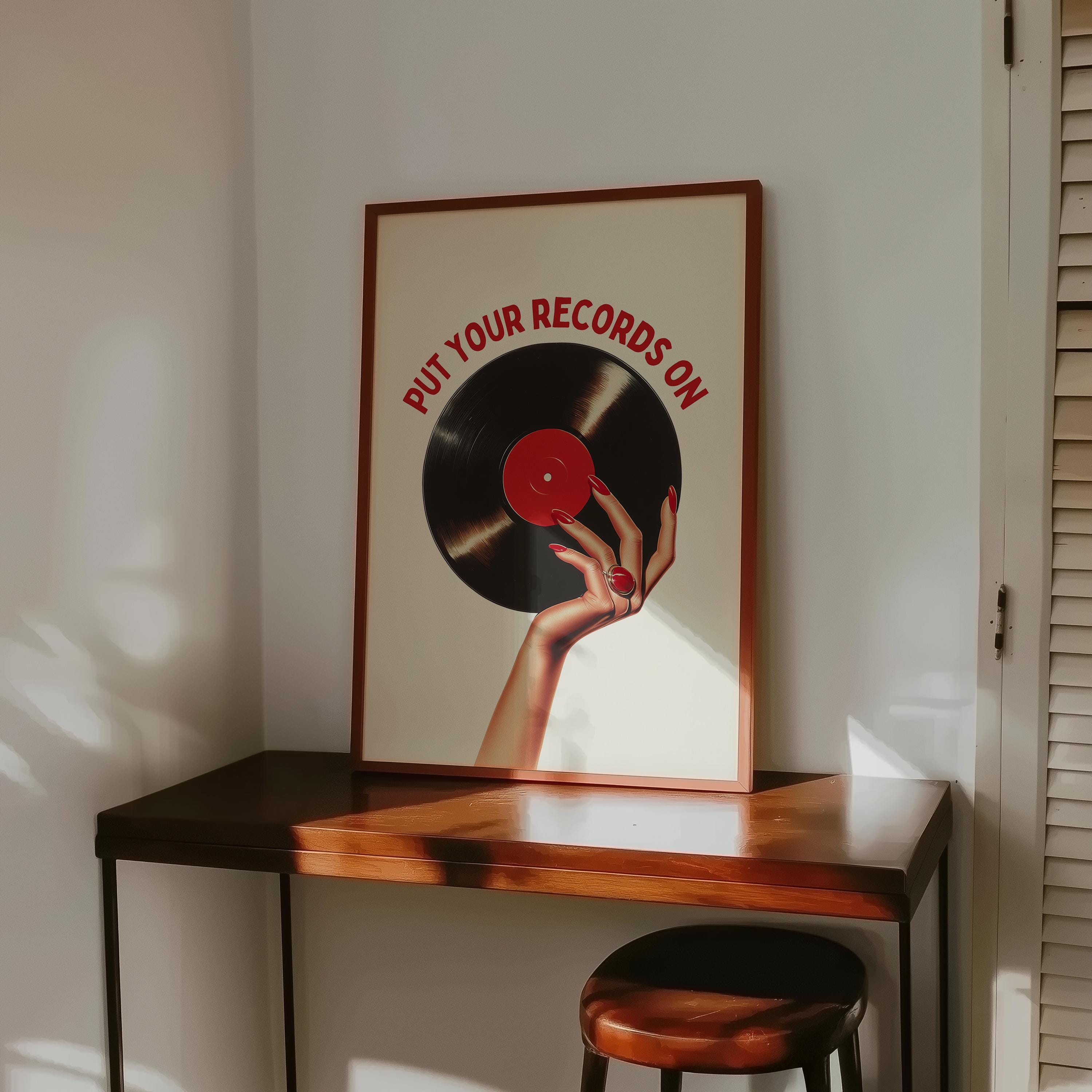 Put Your Records On Print, Retro Vinyl Wall Art, Vintage Music Poster, Mid Century Modern Decor, Trendy Bar Cart Art, Music Lover Gift