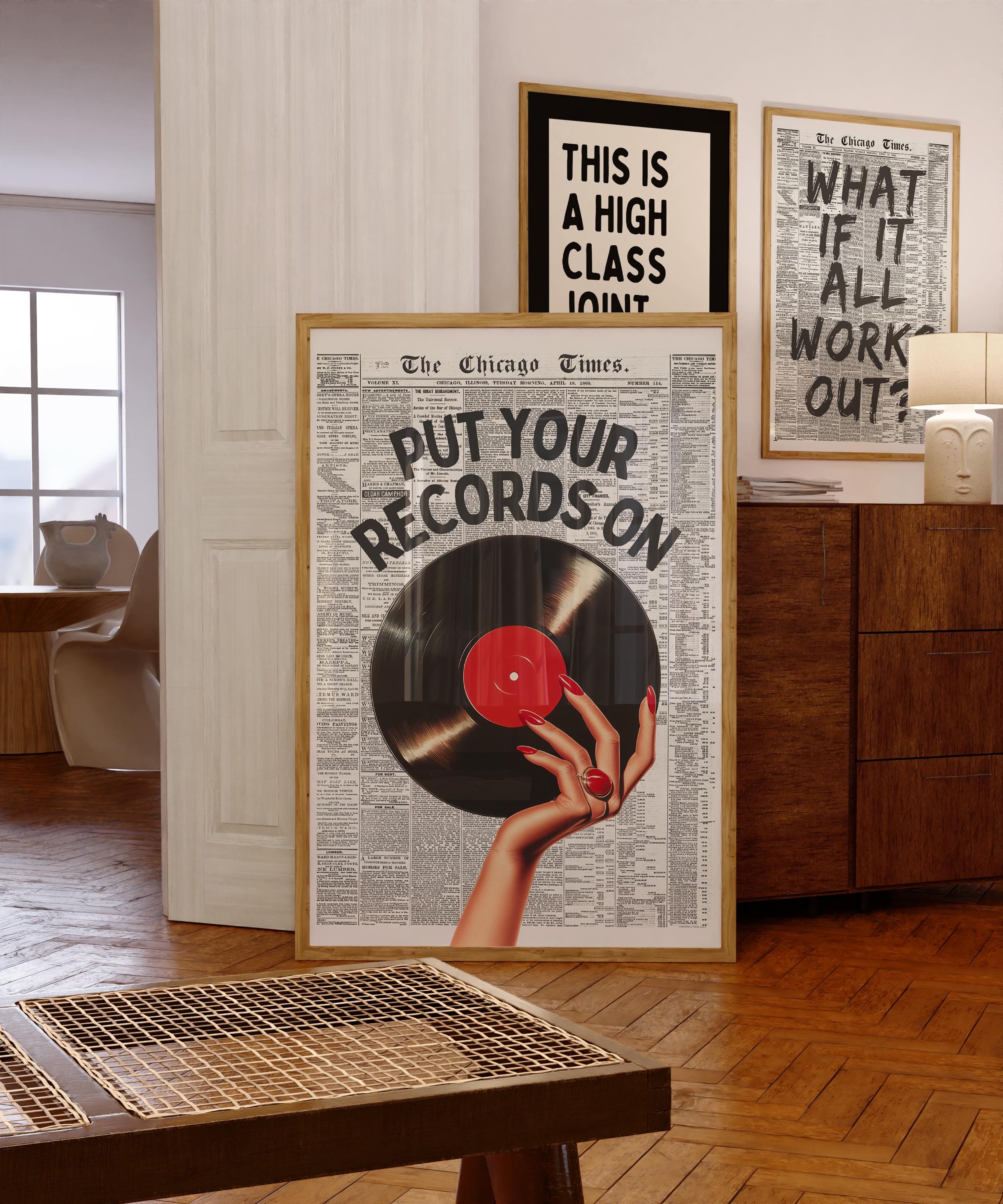 Put Your Records On Poster, Vintage Newspaper Wall Art, Retro Vinyl Print, Music Lover Decor, Mid Century Modern Art, Trendy Bar Cart Print