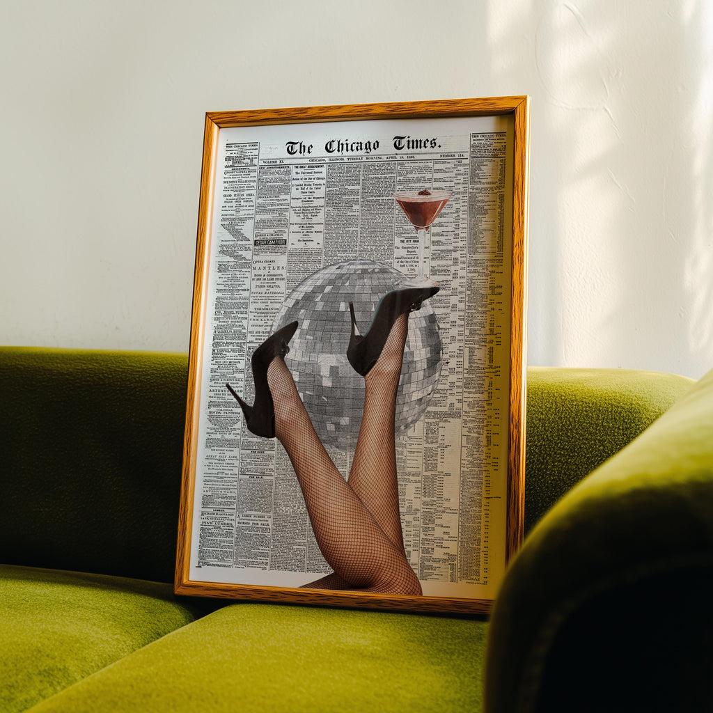 Disco Ball Cocktail Poster, Vintage Newspaper Wall Art, Retro Bar Cart Print, Martini Glass Art, Editorial Collage Decor, Trendy Home Art
