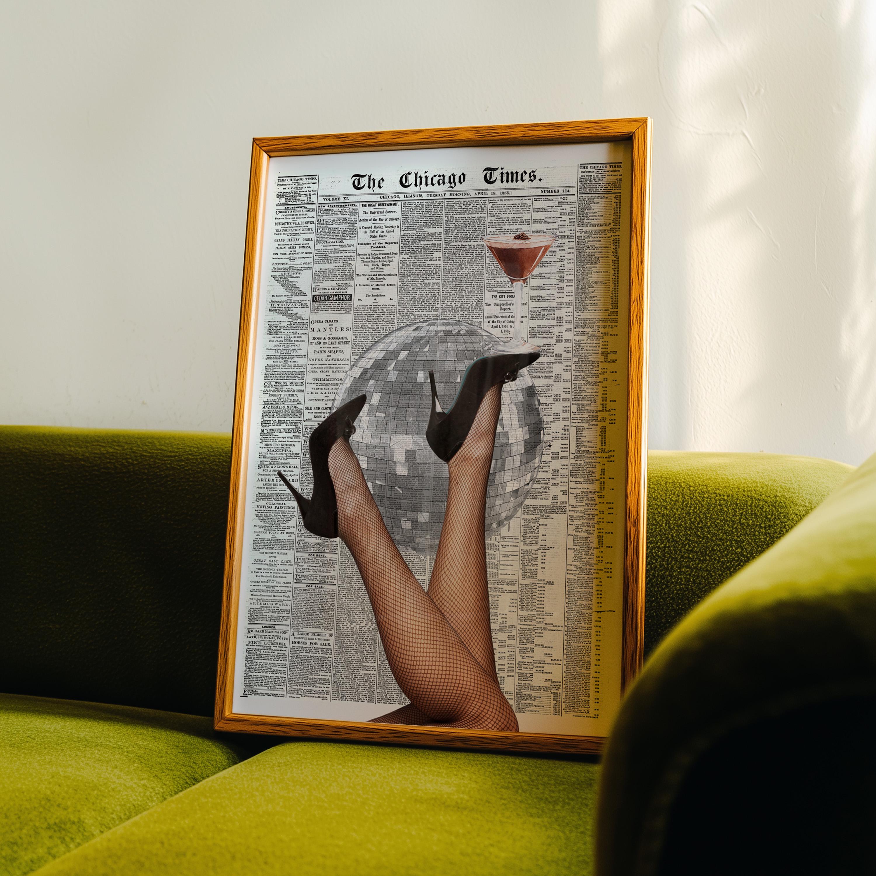 Disco Ball Cocktail Poster, Vintage Newspaper Wall Art, Retro Bar Cart Print, Martini Glass Art, Editorial Collage Decor, Trendy Home Art