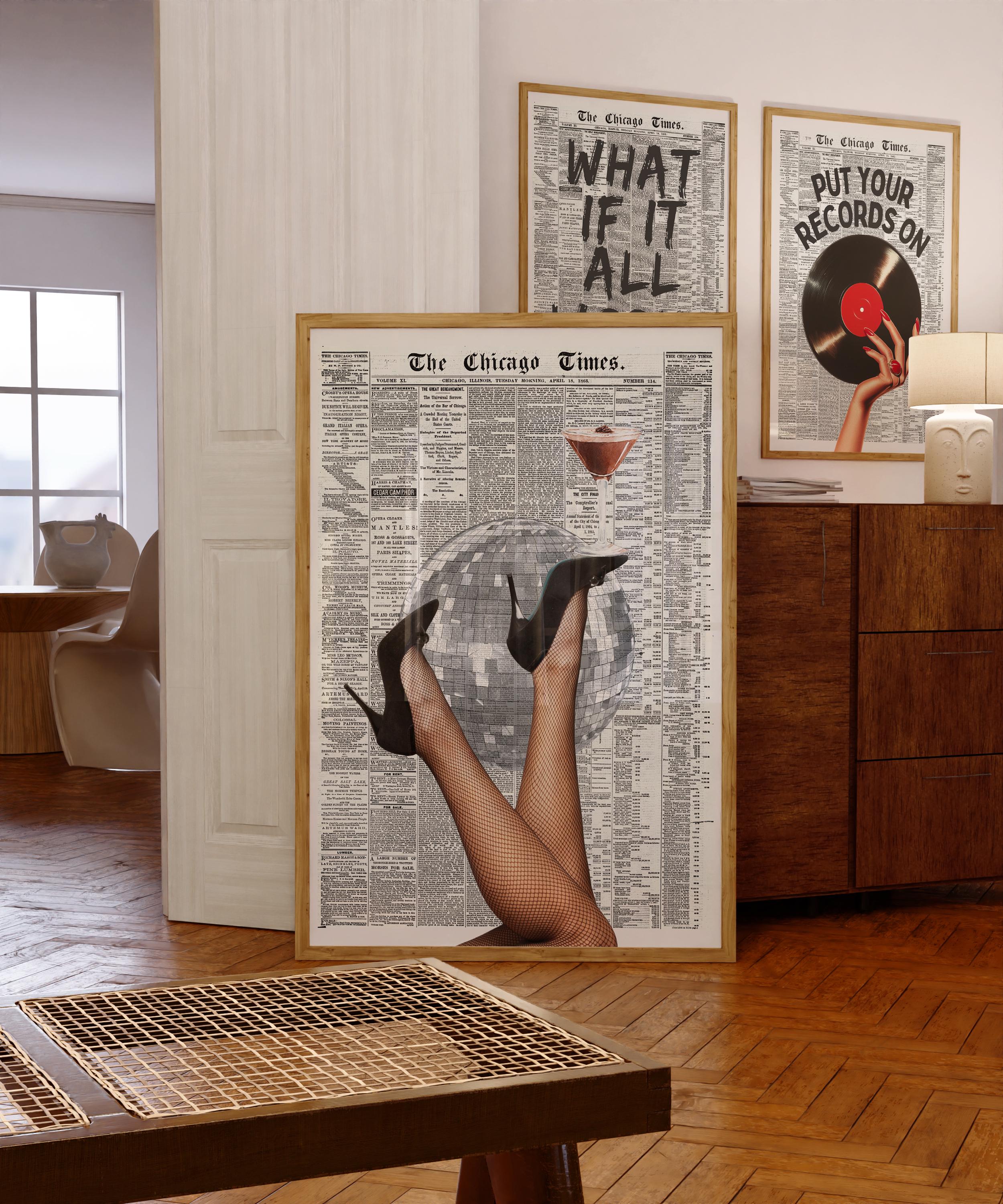 Disco Ball Cocktail Poster, Vintage Newspaper Wall Art, Retro Bar Cart Print, Martini Glass Art, Editorial Collage Decor, Trendy Home Art
