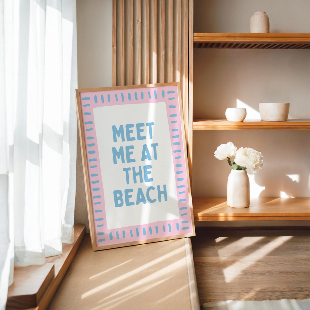 Coastal Beach Wall Art Set of 6, Pink Blue Beach Gallery Wall, Meet Me At The Beach Print Set, Lobster Shell Coastal Decor, Preppy Summer