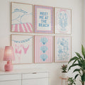 Coastal Beach Wall Art Set of 6, Pink Blue Beach Gallery Wall, Meet Me At The Beach Print Set, Lobster Shell Coastal Decor, Preppy Summer