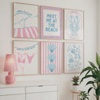 Coastal Beach Wall Art Set of 6, Pink Blue Beach Gallery Wall, Meet Me At The Beach Print Set, Lobster Shell Coastal Decor, Preppy Summer