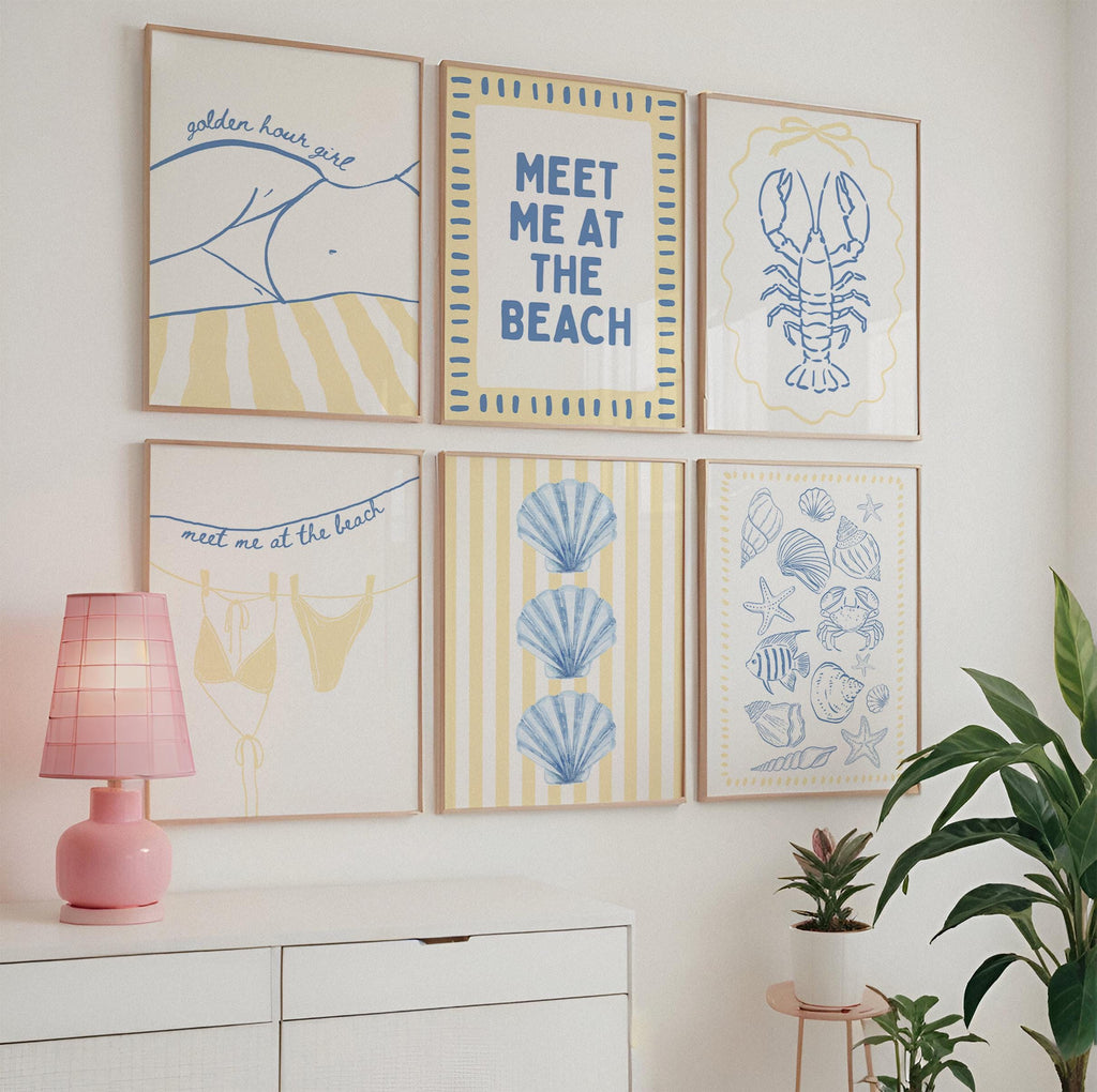 Coastal Beach Wall Art Set of 6, Blue Yellow Beach Gallery Wall, Meet Me At The Beach, Lobster & Shell Coastal Print, Summer Beach House Art