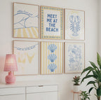 Coastal Beach Wall Art Set of 6, Blue Yellow Beach Gallery Wall, Meet Me At The Beach, Lobster & Shell Coastal Print, Summer Beach House Art