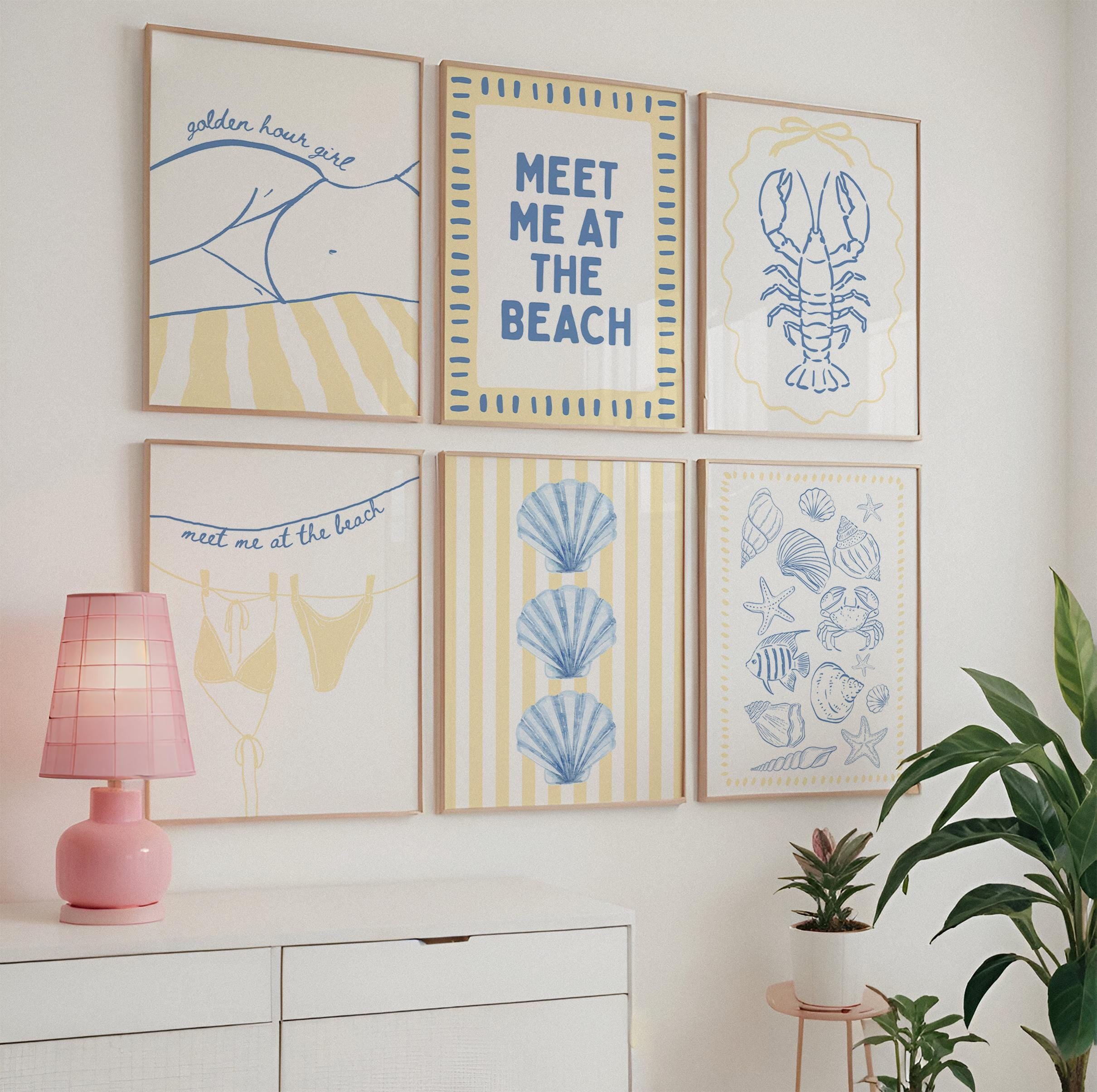 Coastal Beach Wall Art Set of 6, Blue Yellow Beach Gallery Wall, Meet Me At The Beach, Lobster & Shell Coastal Print, Summer Beach House Art