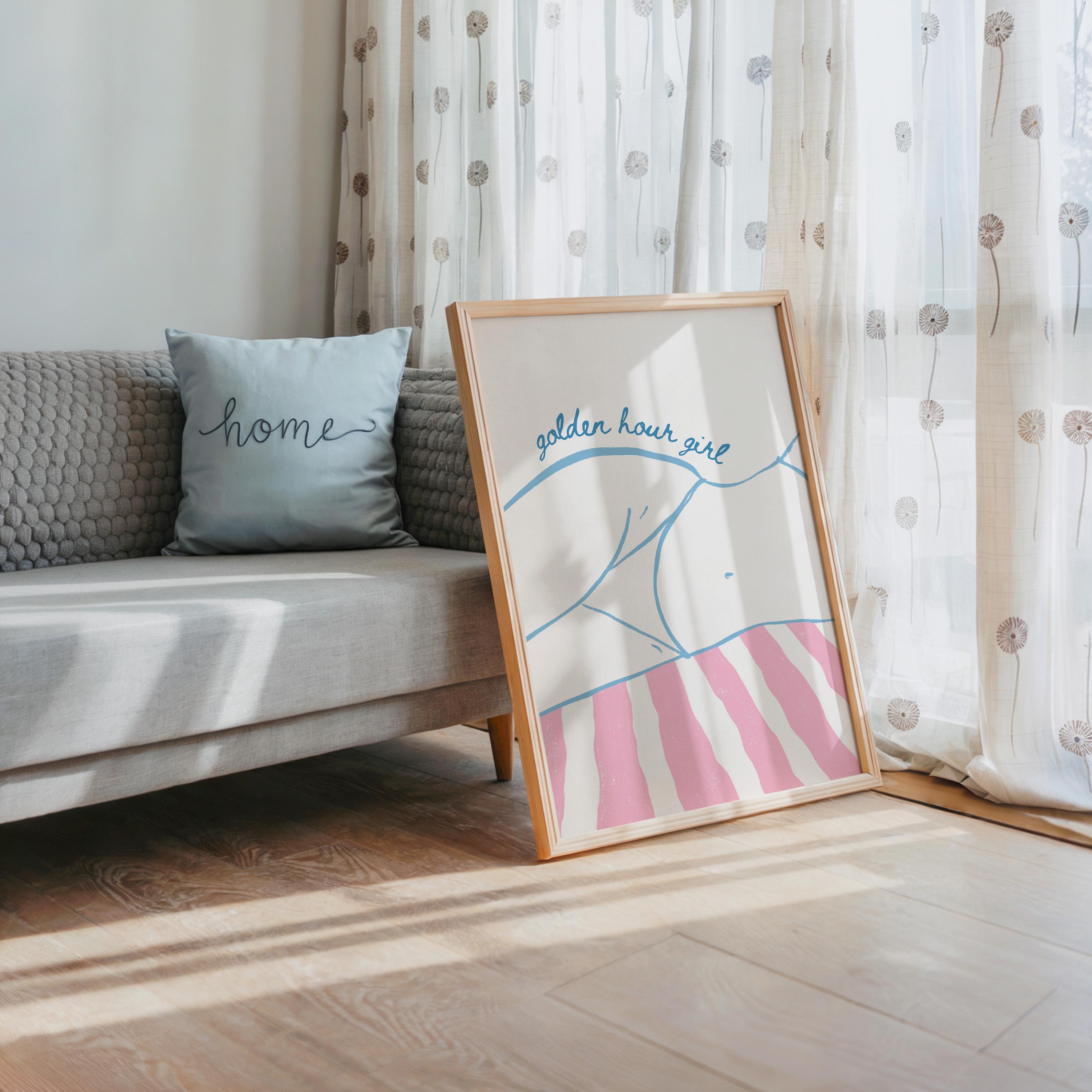 Golden Hour Girl Beach Print, Coastal Summer Wall Art, Preppy Beach Poster, Pink Blue Beach Decor, Minimal Coastal Aesthetic Wall Art