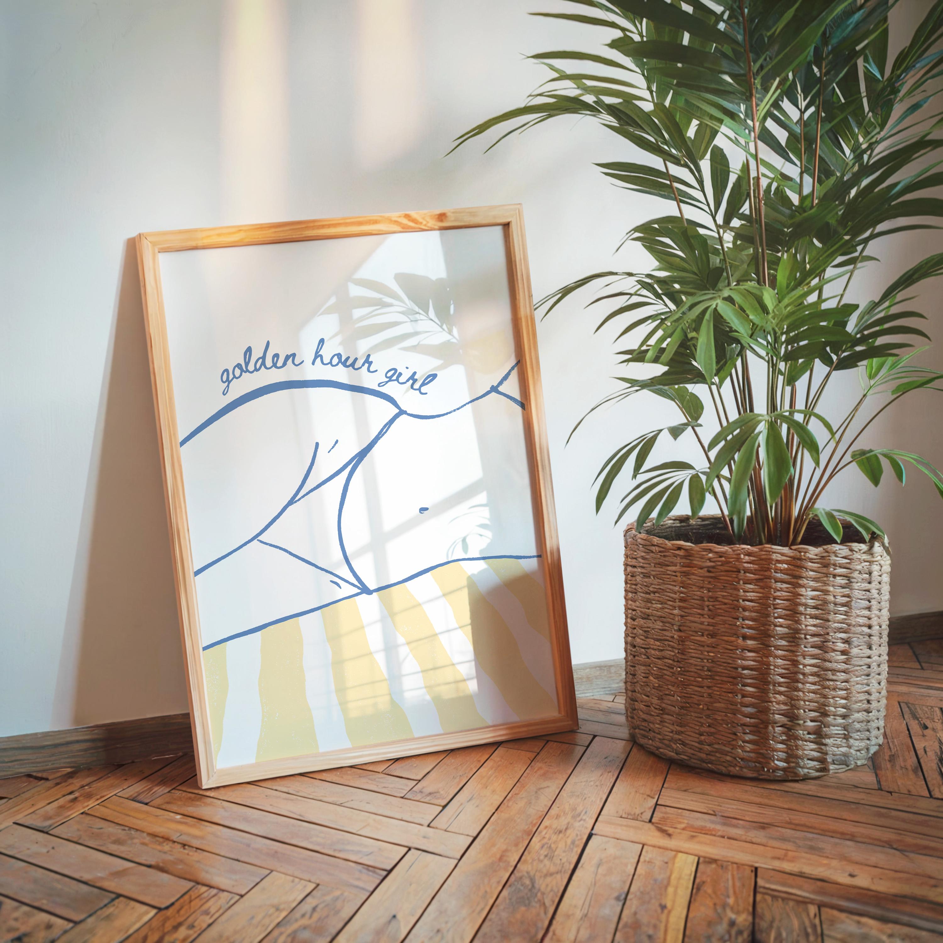 Golden Hour Girl Beach Print, Coastal Summer Wall Art, Preppy Beach Poster, Blue Yellow Beach Decor, Minimal Coastal Aesthetic Wall Art