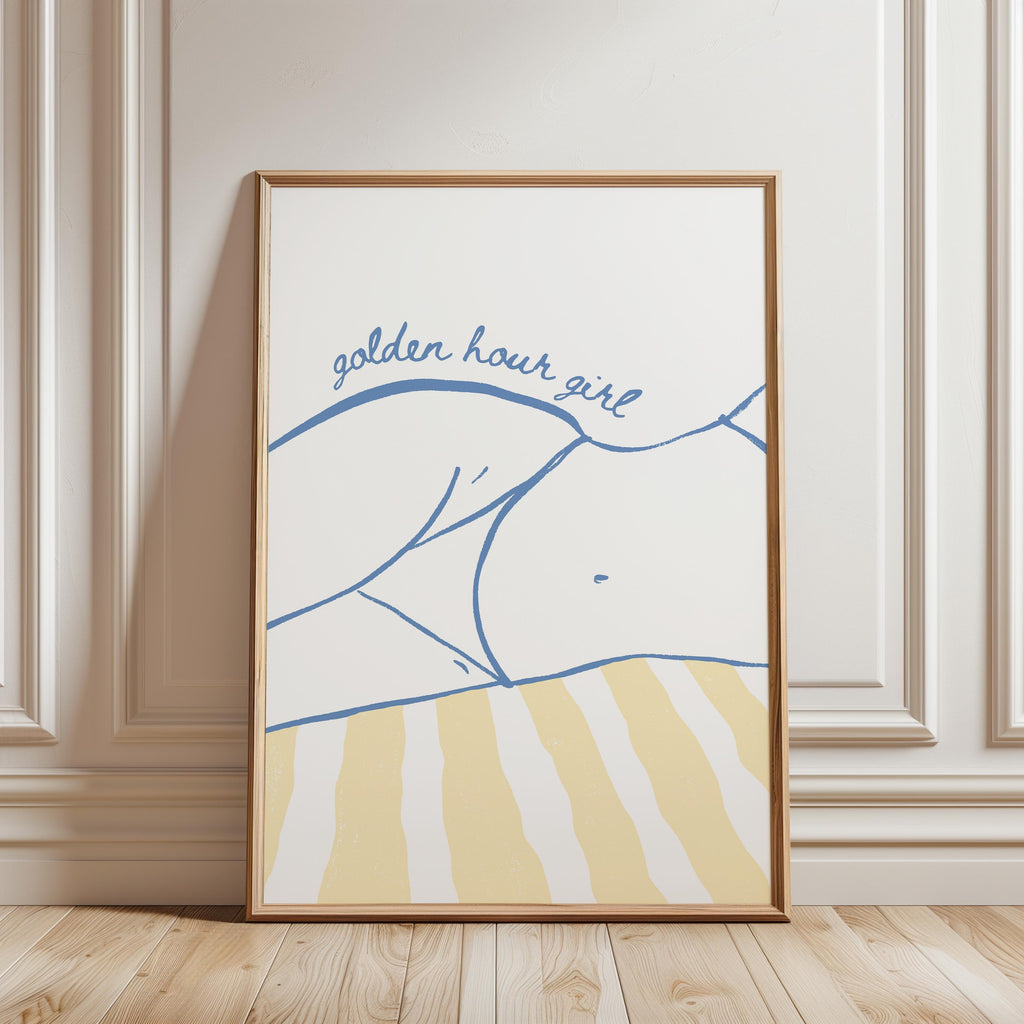 Golden Hour Girl Beach Print, Coastal Summer Wall Art, Preppy Beach Poster, Blue Yellow Beach Decor, Minimal Coastal Aesthetic Wall Art