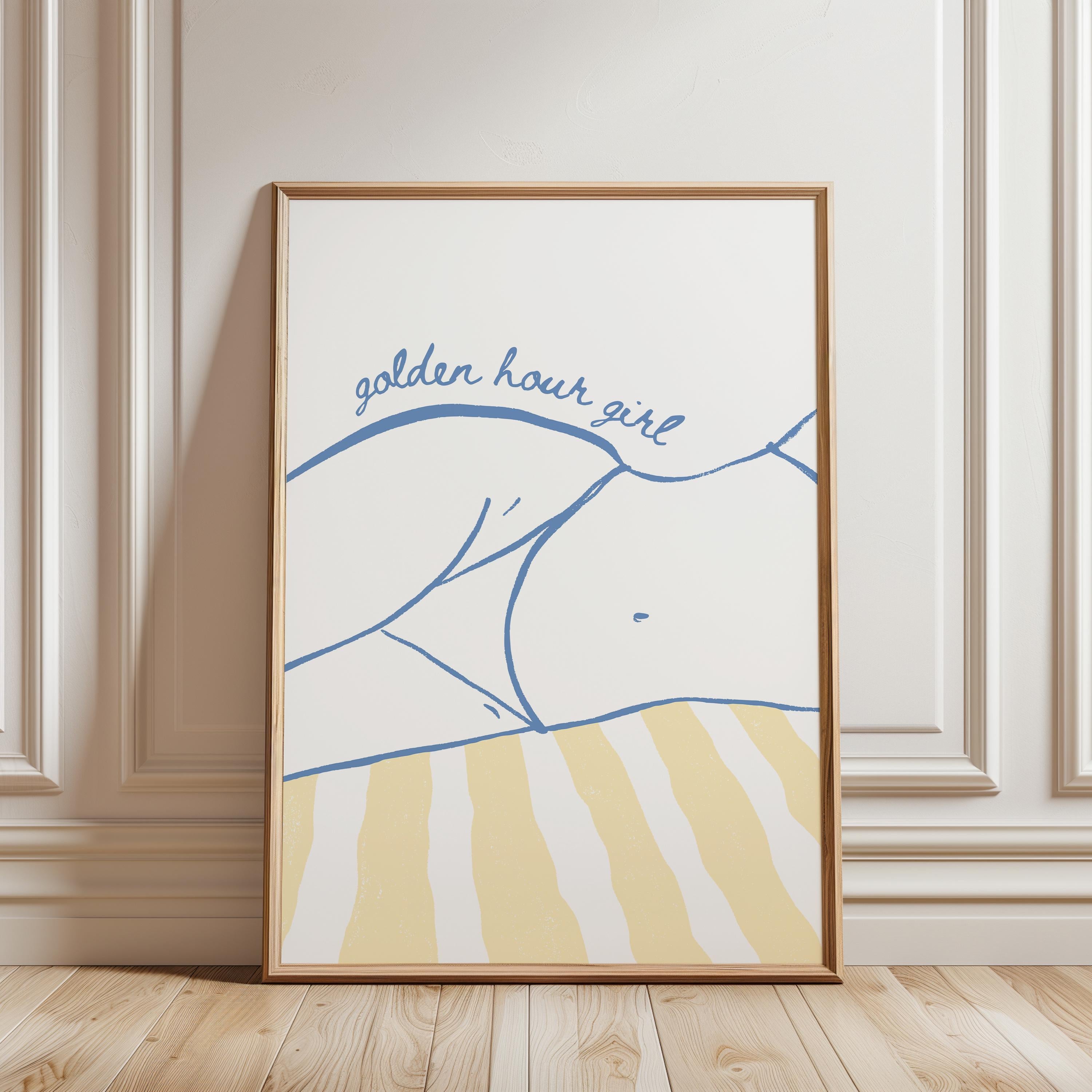 Golden Hour Girl Beach Print, Coastal Summer Wall Art, Preppy Beach Poster, Blue Yellow Beach Decor, Minimal Coastal Aesthetic Wall Art