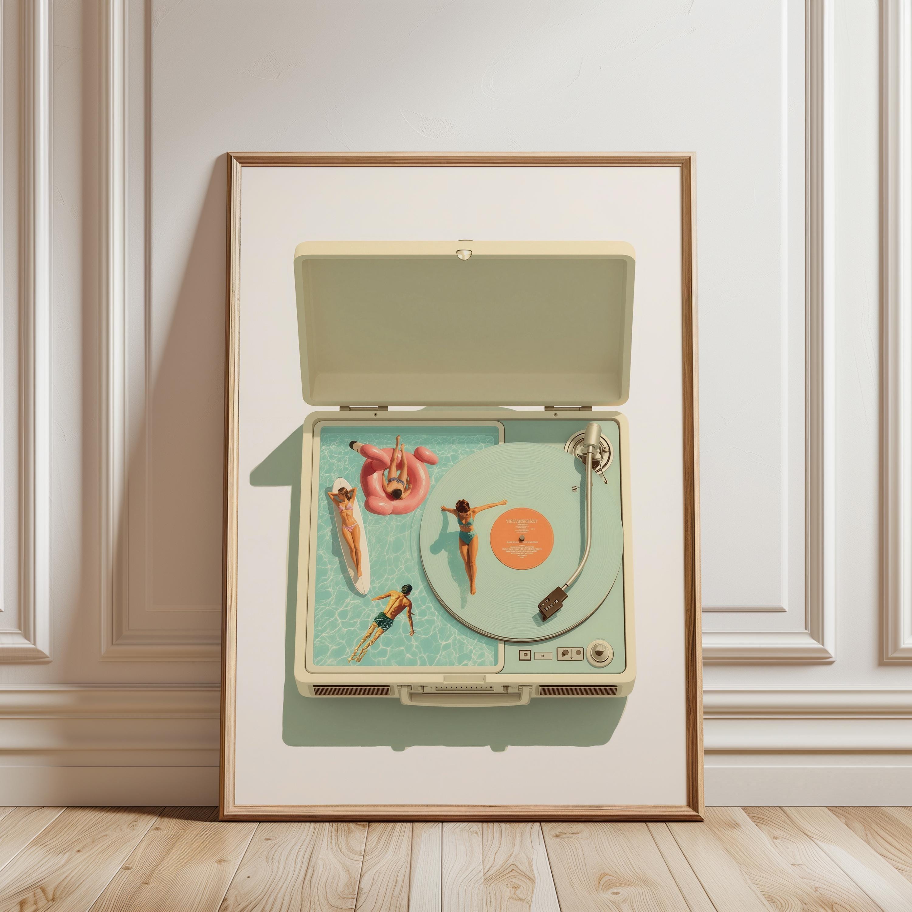 Retro Poolside Record Player Wall Art, Coastal Summer Aesthetic Printable, Vintage Turntable Poster, Pool Party Decor, Bar Cart Art Print