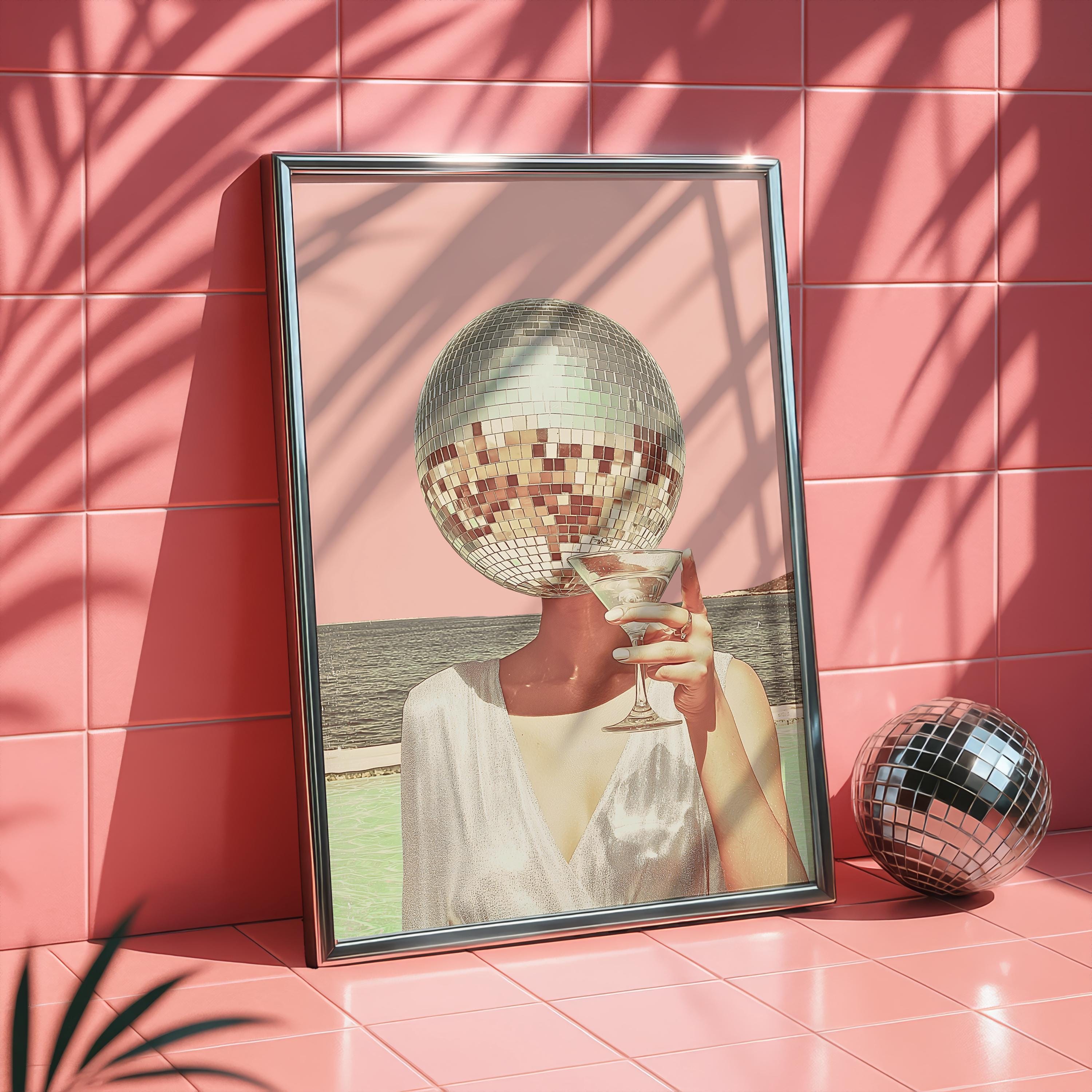 Retro Summer Gallery Wall Set, Disco Ball & Poolside Vinyl Art, Trendy Pink Aesthetic Posters, Bar Cart Wall Decor, Printable Art Bundle