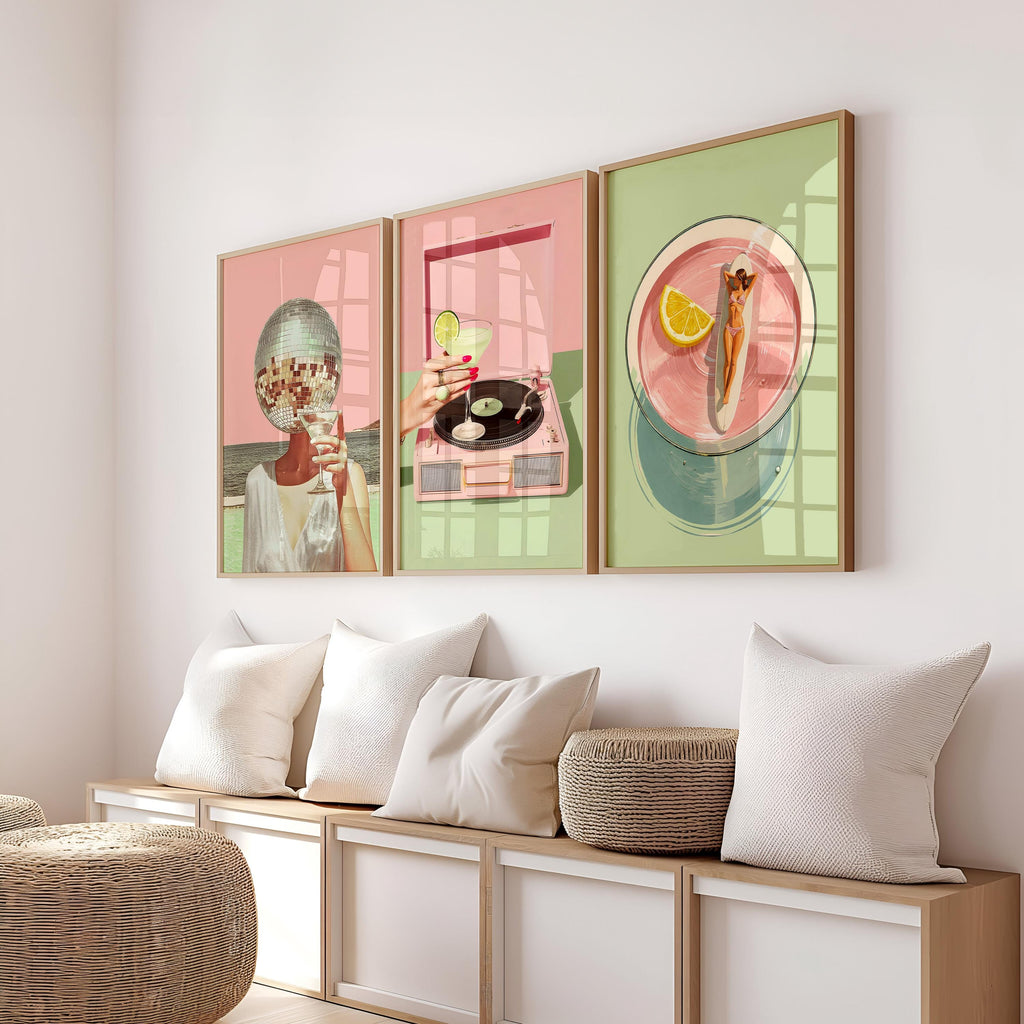 Retro Summer Gallery Wall Set, Disco Ball & Poolside Vinyl Art, Trendy Pink Aesthetic Posters, Bar Cart Wall Decor, Printable Art Bundle