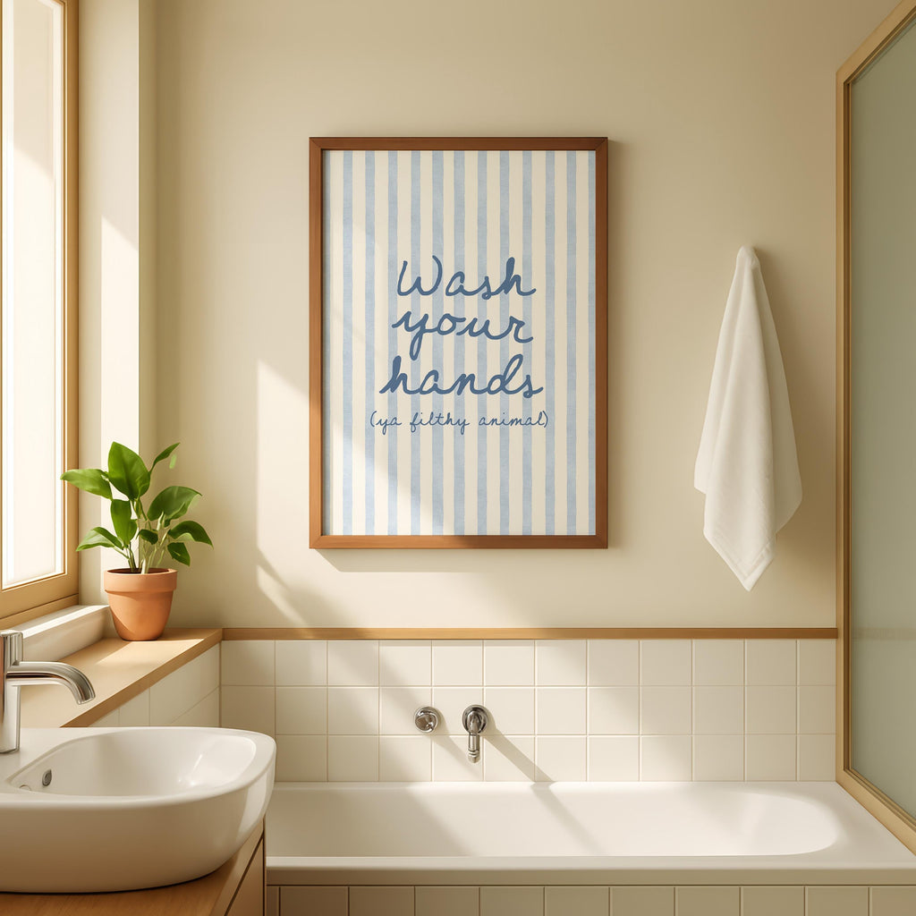 Wash Your Hands Funny Bathroom Print, Blue Stripe Bathroom Wall Art, Preppy Bathroom Decor, Funny Toilet Sign, Guest Bathroom Poster