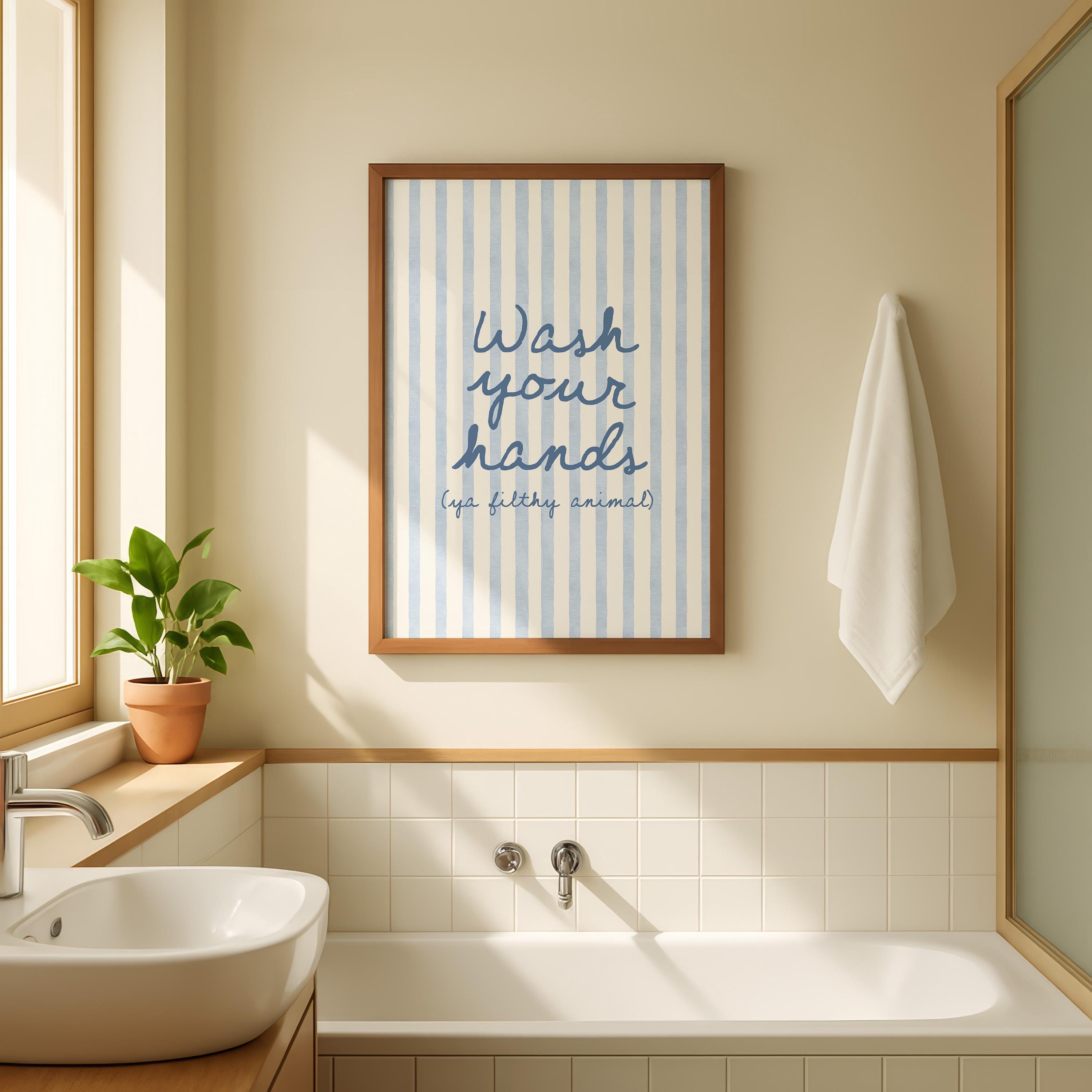 Wash Your Hands Funny Bathroom Print, Blue Stripe Bathroom Wall Art, Preppy Bathroom Decor, Funny Toilet Sign, Guest Bathroom Poster