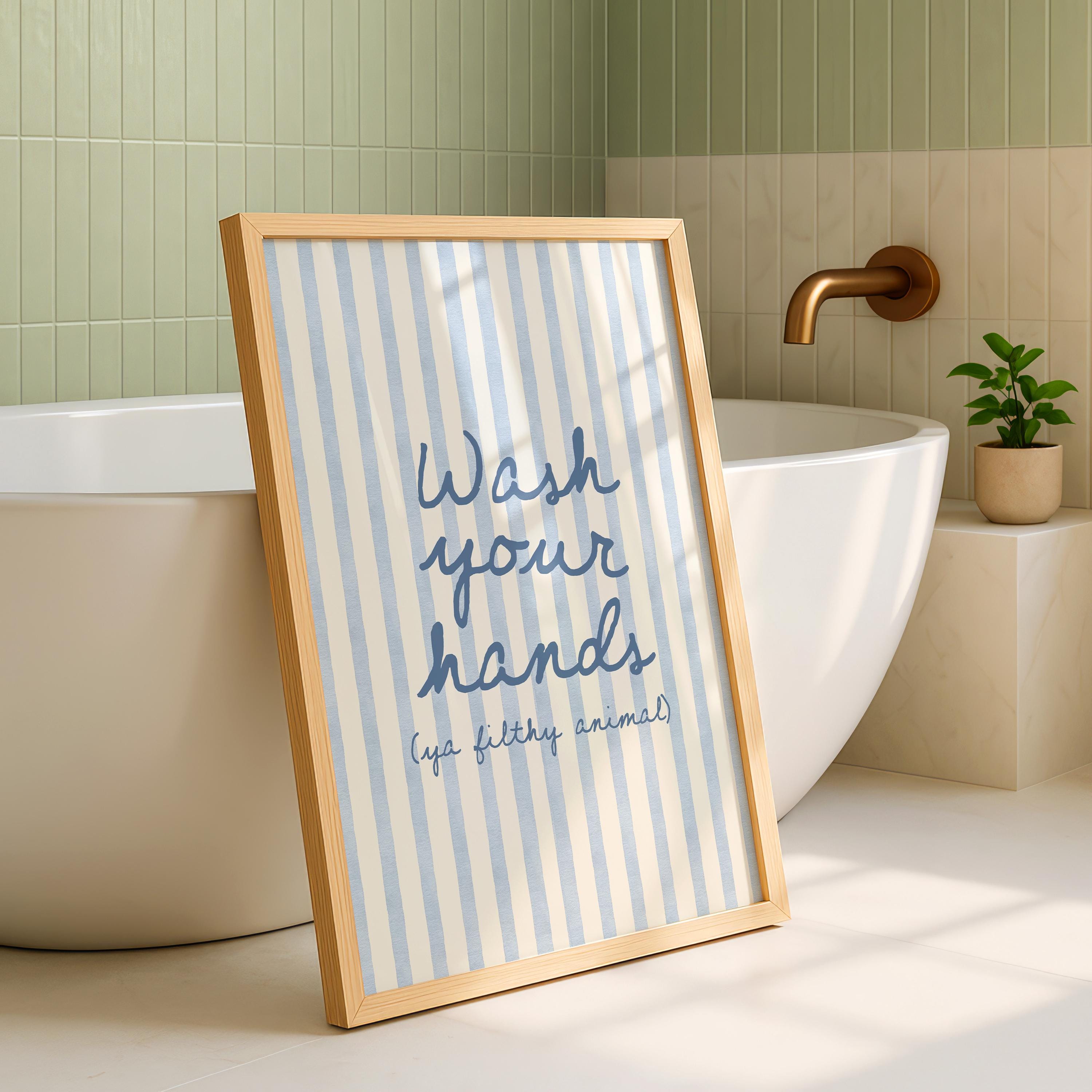 Wash Your Hands Funny Bathroom Print, Blue Stripe Bathroom Wall Art, Preppy Bathroom Decor, Funny Toilet Sign, Guest Bathroom Poster