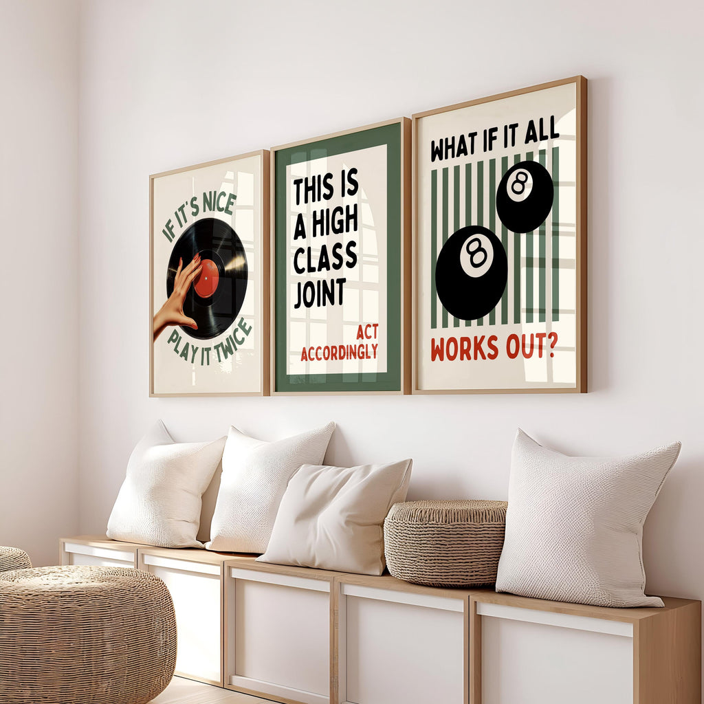 Retro Bar Cart Wall Art Set of 3, Vinyl Record Poster, This Is A High Class Joint Print, Funny Bar Sign, Music Lover Decor, Retro Typo Print