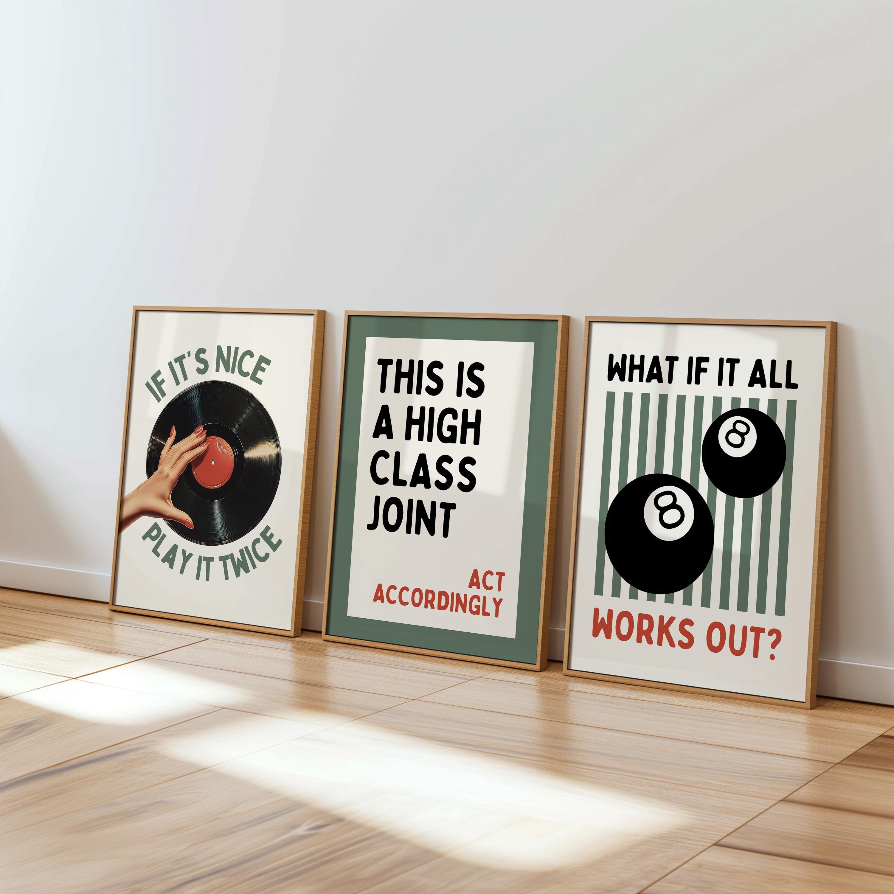 Retro Bar Cart Wall Art Set of 3, Vinyl Record Poster, This Is A High Class Joint Print, Funny Bar Sign, Music Lover Decor, Retro Typo Print