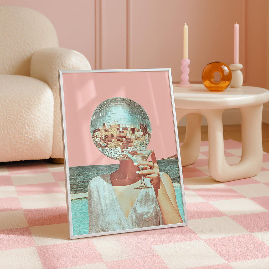 Disco Ball Head Martini Print, Retro Pink Beach Wall Art, Coastal Bar Cart Decor, Surreal Cocktail Poster, Trendy Aesthetic Printable