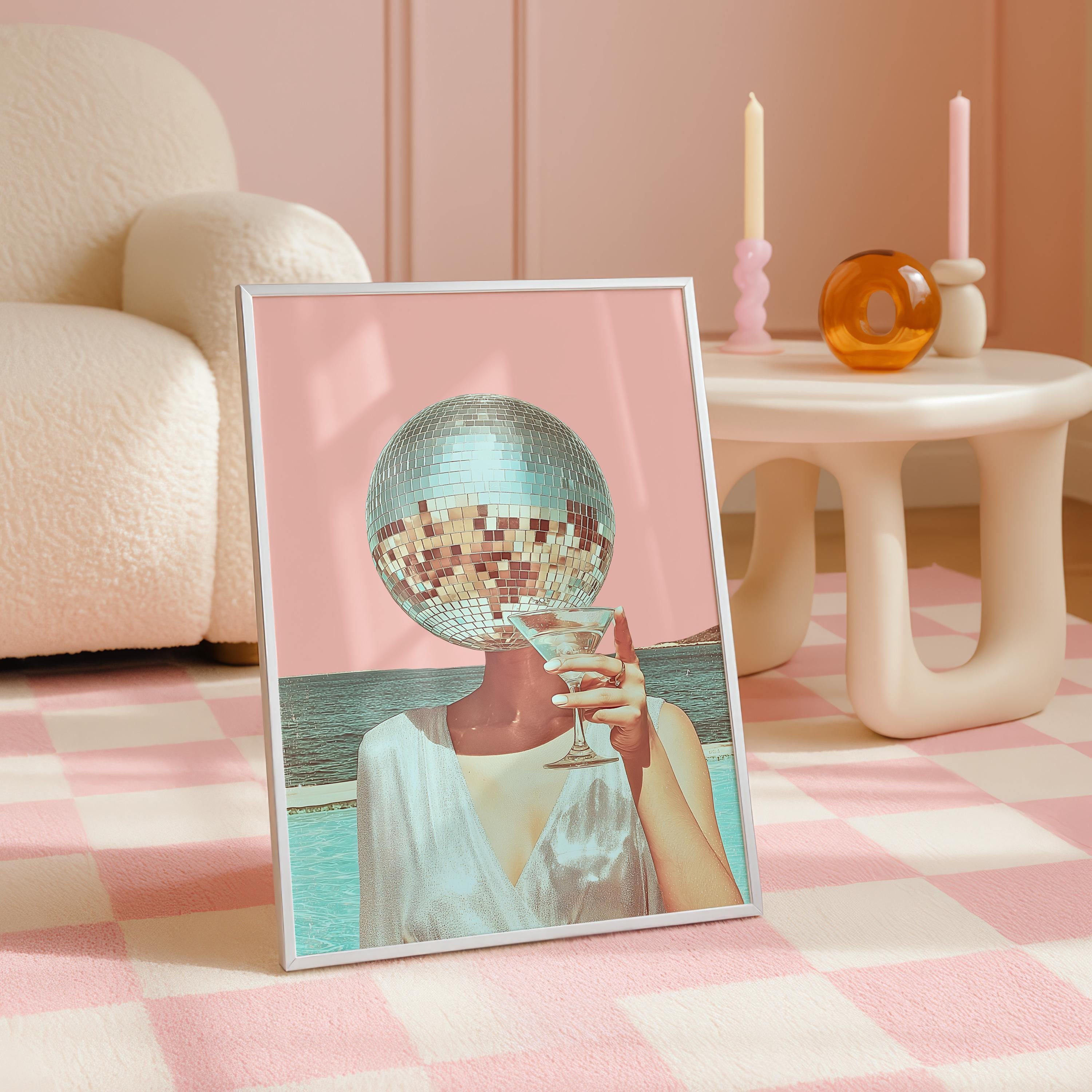 Disco Ball Head Martini Print, Retro Pink Beach Wall Art, Coastal Bar Cart Decor, Surreal Cocktail Poster, Trendy Aesthetic Printable