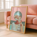 Disco Ball Head Martini Print, Retro Pink Beach Wall Art, Coastal Bar Cart Decor, Surreal Cocktail Poster, Trendy Aesthetic Printable