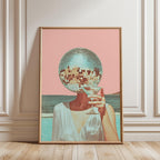 Disco Ball Head Martini Print, Retro Pink Beach Wall Art, Coastal Bar Cart Decor, Surreal Cocktail Poster, Trendy Aesthetic Printable