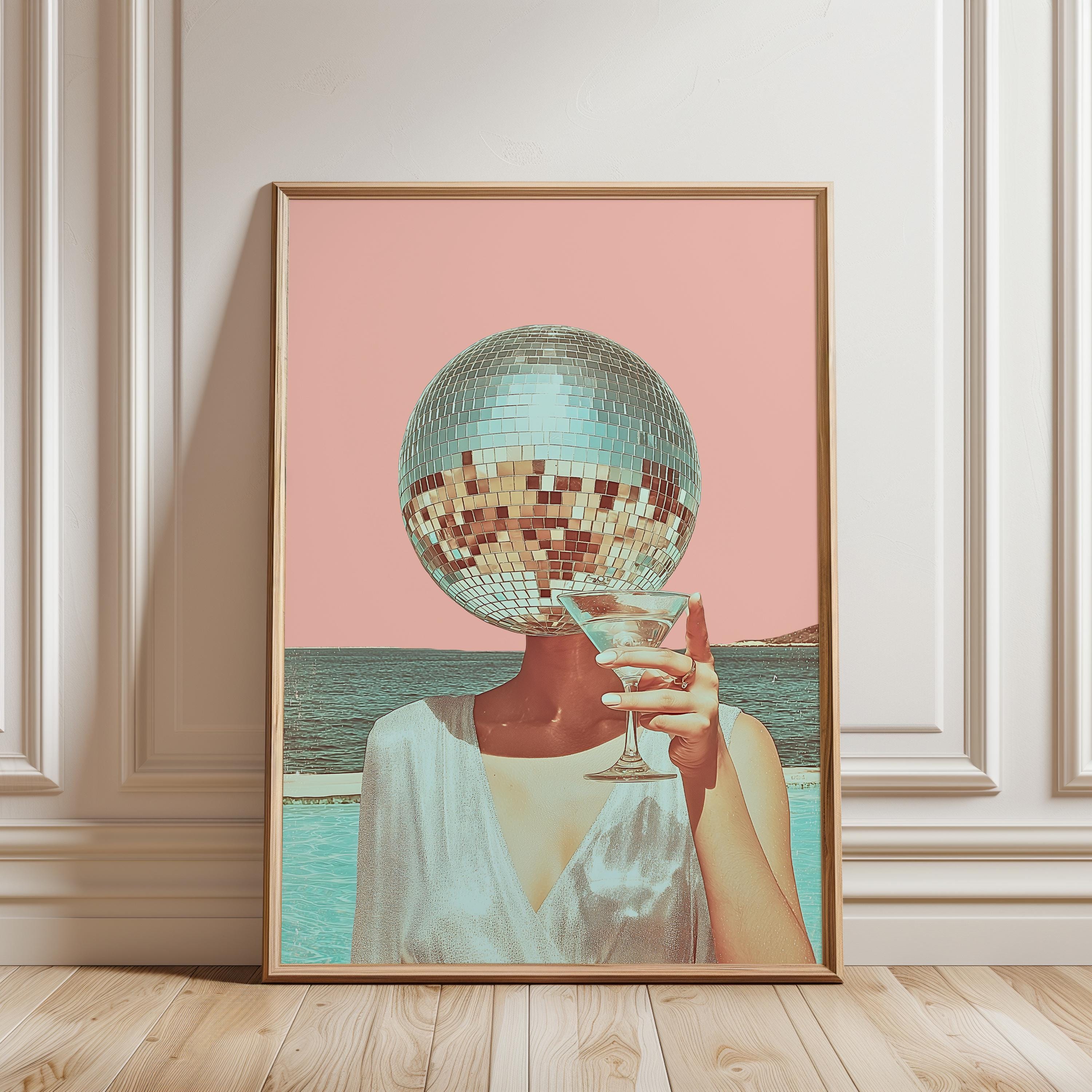 Disco Ball Head Martini Print, Retro Pink Beach Wall Art, Coastal Bar Cart Decor, Surreal Cocktail Poster, Trendy Aesthetic Printable