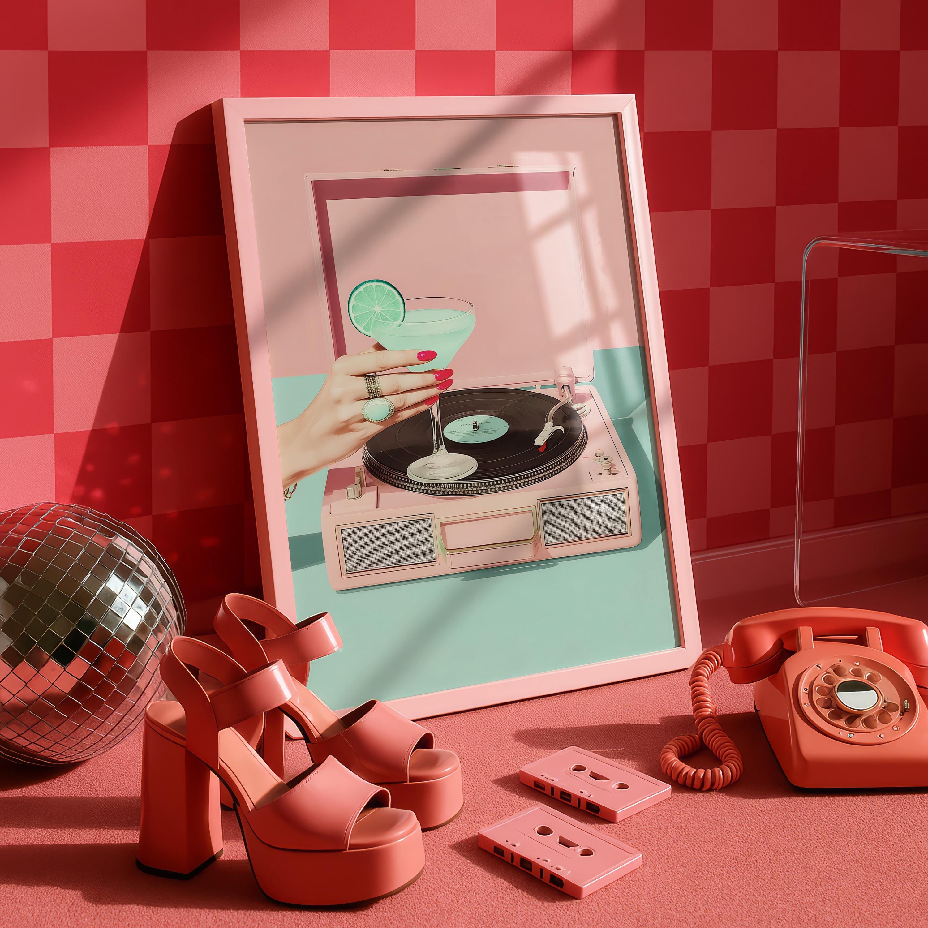 Retro Record Player Cocktail Print, Pink Aesthetic Bar Cart Wall Art, Mint Martini Poster, Vintage Vinyl Decor, Trendy Printable Art