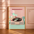 Retro Record Player Cocktail Print, Pink Aesthetic Bar Cart Wall Art, Mint Martini Poster, Vintage Vinyl Decor, Trendy Printable Art