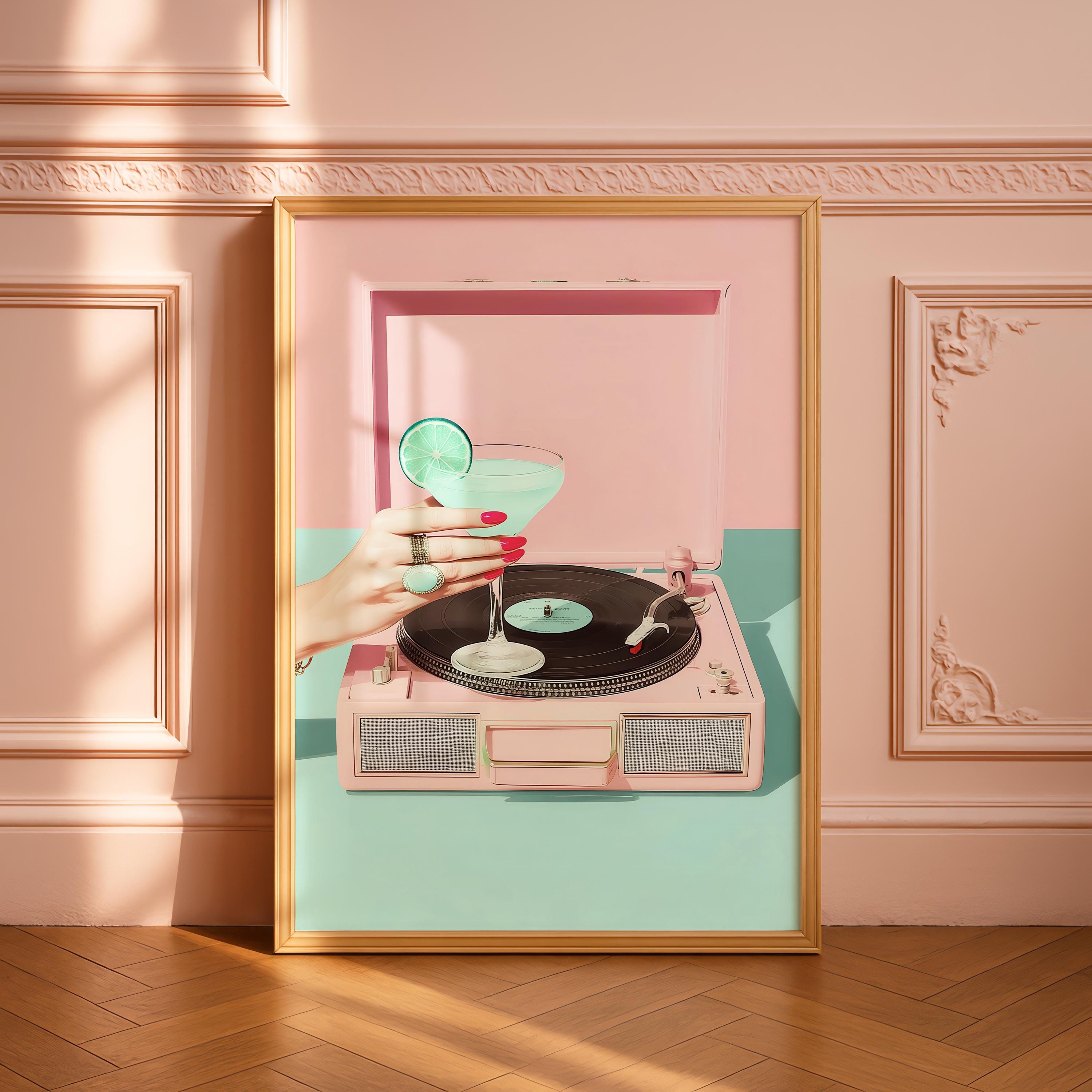 Retro Record Player Cocktail Print, Pink Aesthetic Bar Cart Wall Art, Mint Martini Poster, Vintage Vinyl Decor, Trendy Printable Art