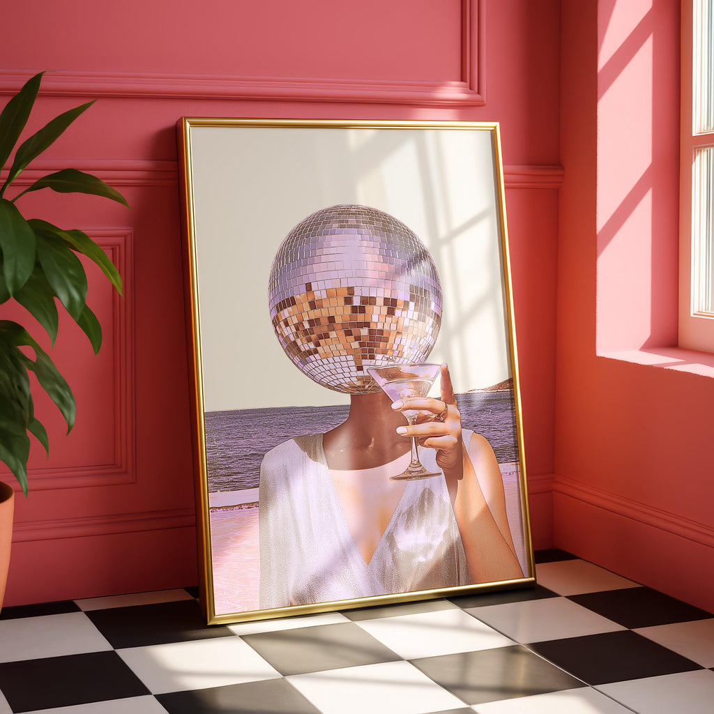 Disco Ball Head Cocktail Print, Coastal Retro Beach Wall Art, Martini Bar Cart Decor, Pink Aesthetic Printable, Surreal Party Girl Art