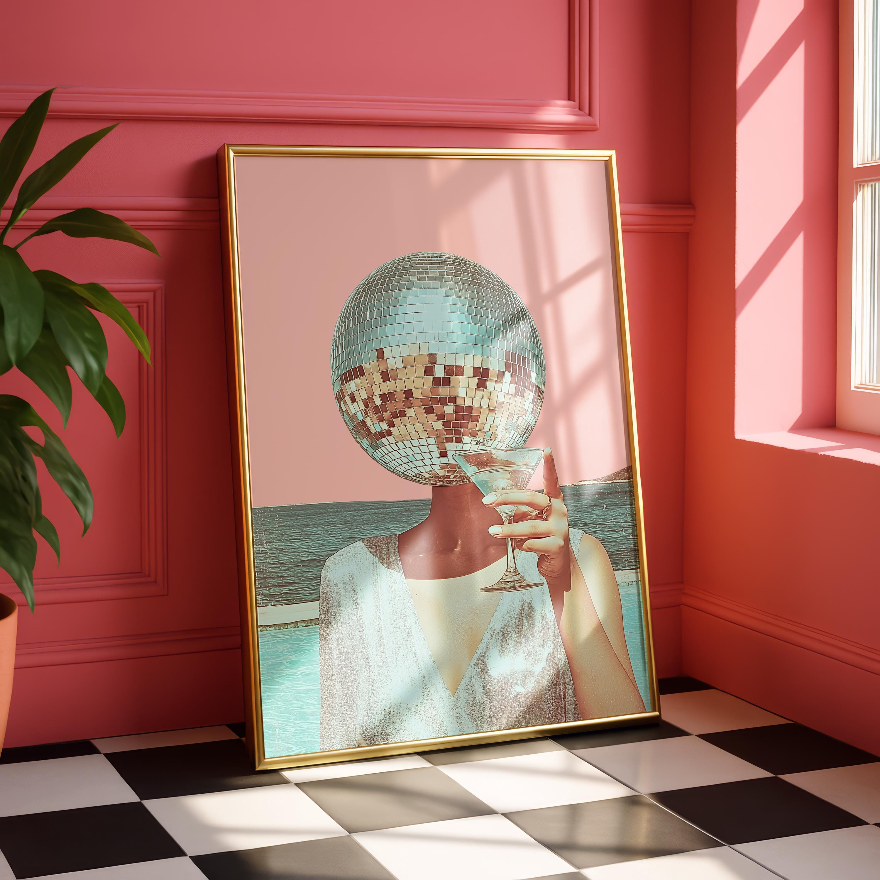 Disco Ball Head Martini Print, Retro Pink Beach Wall Art, Coastal Bar Cart Decor, Surreal Cocktail Poster, Trendy Aesthetic Printable