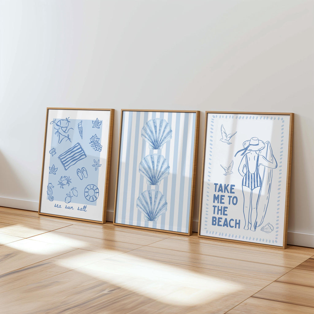 Blue Coastal Gallery Wall Set, Beach House Wall Art, Hamptons Style Decor, Meet Me At The Beach Print Set, Trendy Coastal Bundle Print Set
