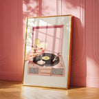 Pink Retro Record Player Wall Art, Cocktail Aesthetic Printable, Bar Cart Decor, Girly Martini Print, Vintage Vinyl Poster Digital Download