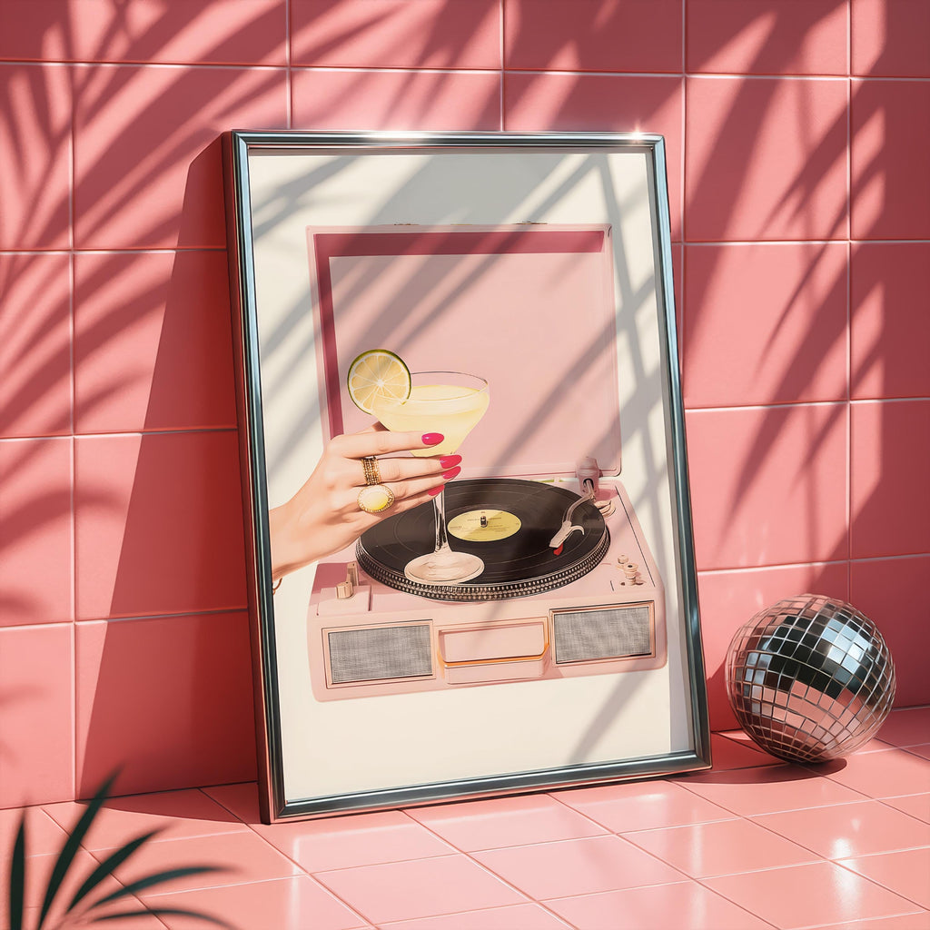 Pink Retro Record Player Wall Art, Cocktail Aesthetic Printable, Bar Cart Decor, Girly Martini Print, Vintage Vinyl Poster Digital Download