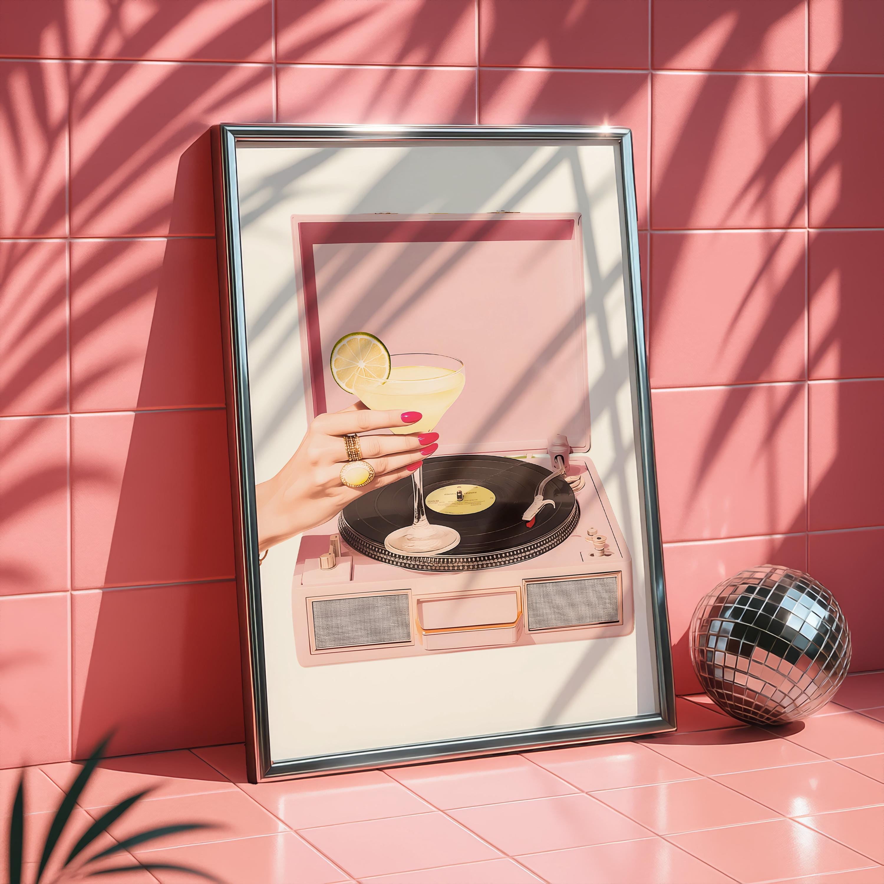 Pink Retro Record Player Wall Art, Cocktail Aesthetic Printable, Bar Cart Decor, Girly Martini Print, Vintage Vinyl Poster Digital Download