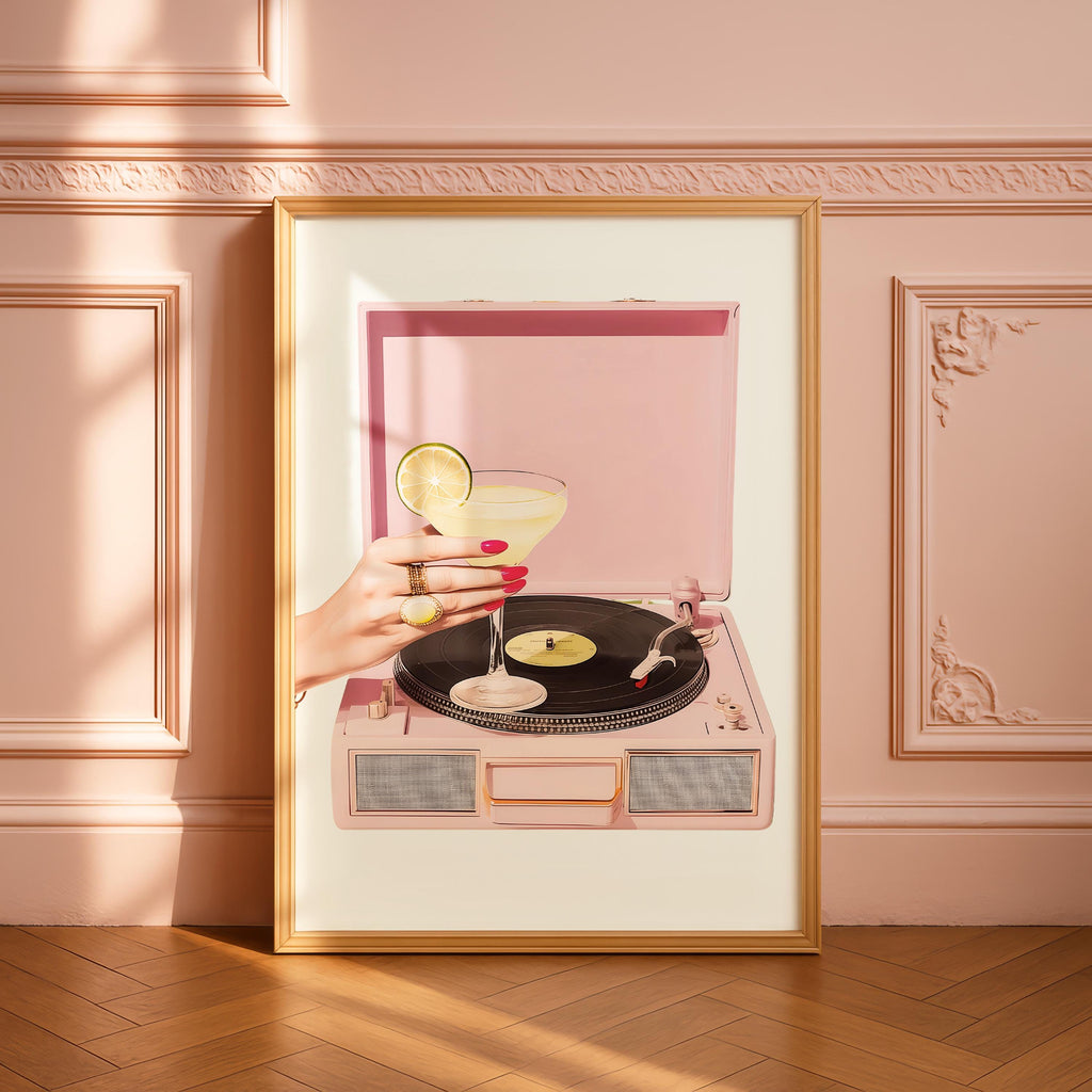 Pink Retro Record Player Wall Art, Cocktail Aesthetic Printable, Bar Cart Decor, Girly Martini Print, Vintage Vinyl Poster Digital Download