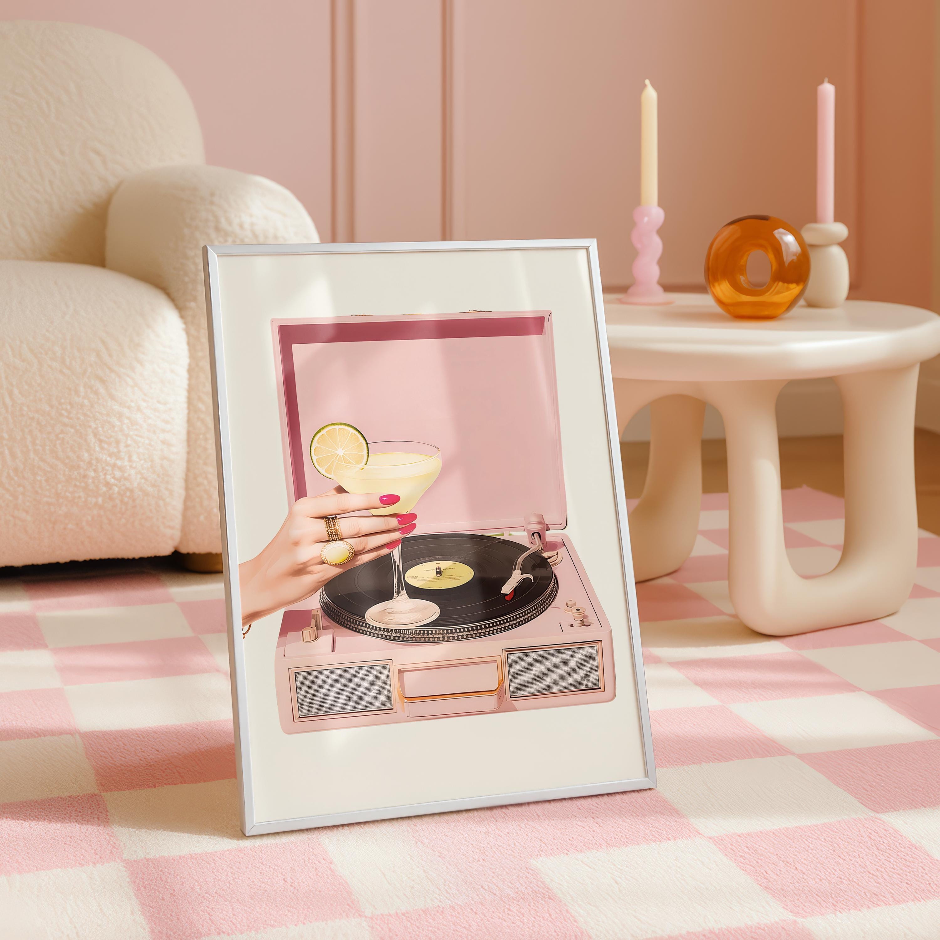 Pink Retro Record Player Wall Art, Cocktail Aesthetic Printable, Bar Cart Decor, Girly Martini Print, Vintage Vinyl Poster Digital Download