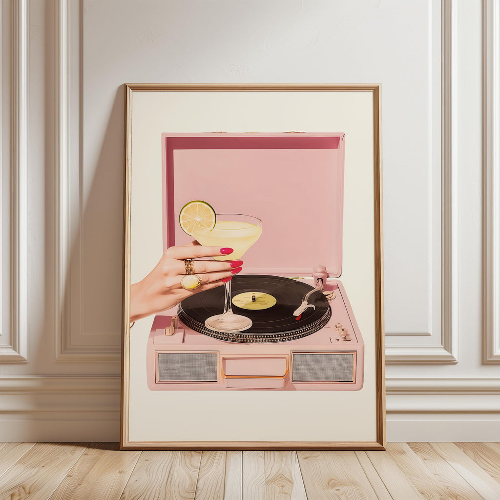 Pink Retro Record Player Wall Art, Cocktail Aesthetic Printable, Bar Cart Decor, Girly Martini Print, Vintage Vinyl Poster Digital Download