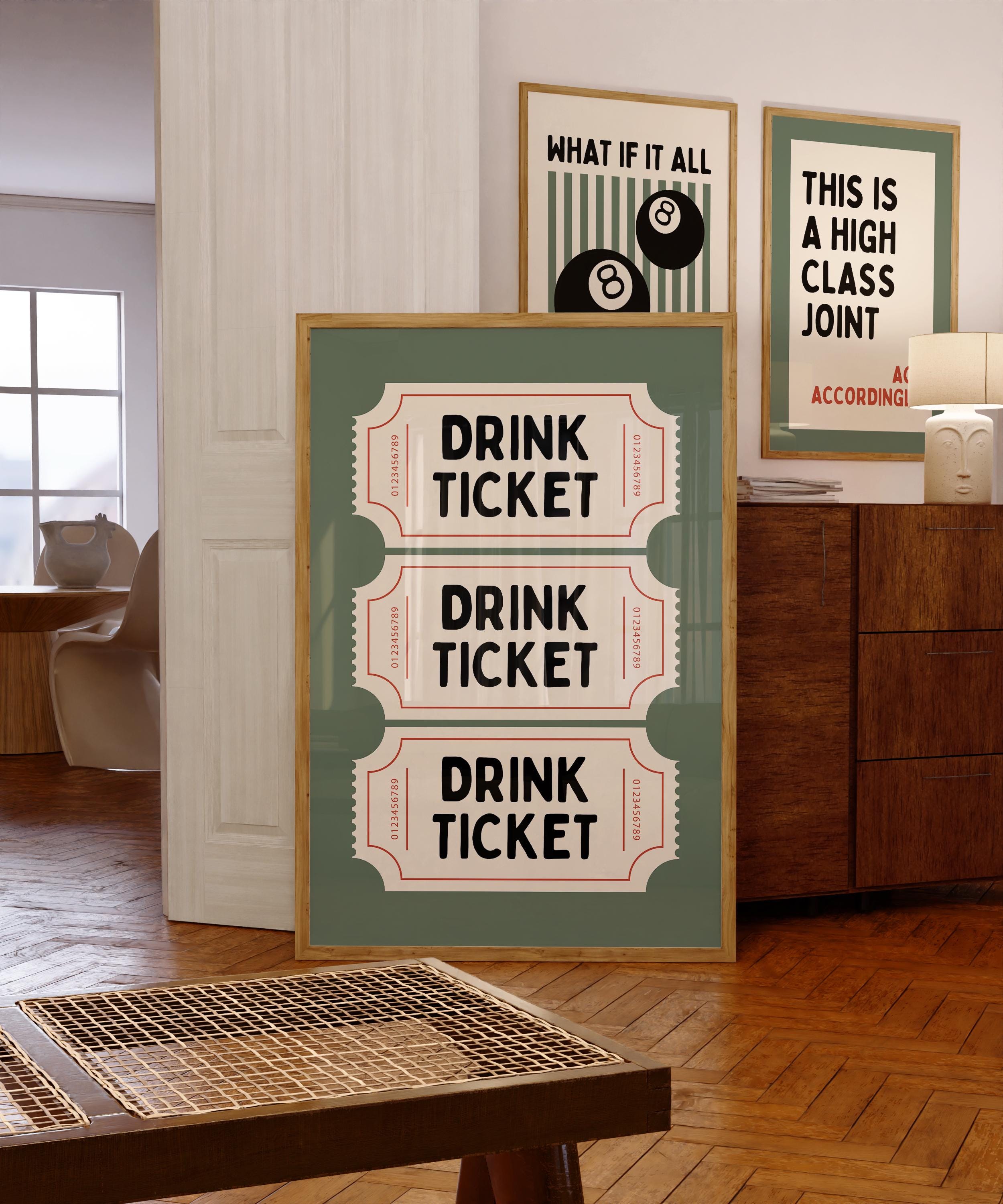 Drink Ticket Wall Art Printable, Retro Bar Cart Decor, Pub Style Poster, Man Cave Wall Art, Vintage Ticket Print Digital Download