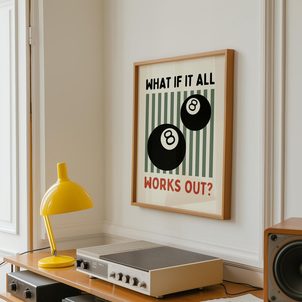 What If It All Works Out Print, Retro Game Room Decor, Billiards Print, Trendy Typography Quote, Home Bar Decor, Man Cave Wall Art DIGITAL