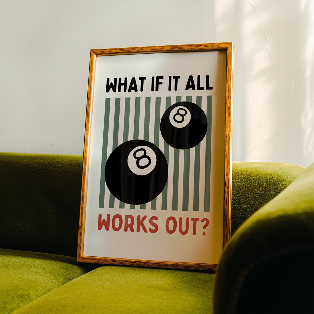 What If It All Works Out Print, Retro Game Room Decor, Billiards Print, Trendy Typography Quote, Home Bar Decor, Man Cave Wall Art DIGITAL