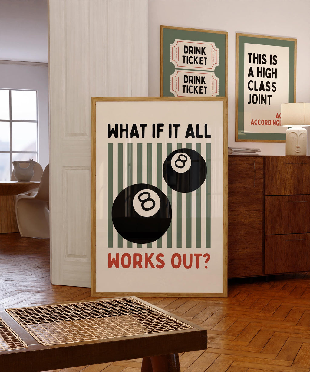 What If It All Works Out Print, Retro Game Room Decor, Billiards Print, Trendy Typography Quote, Home Bar Decor, Man Cave Wall Art DIGITAL
